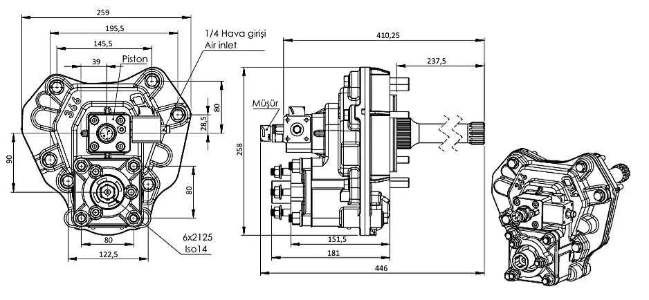 CTM 366 AC2 PTO teknik çizimi — kesit, ölçü ve montaj şeması