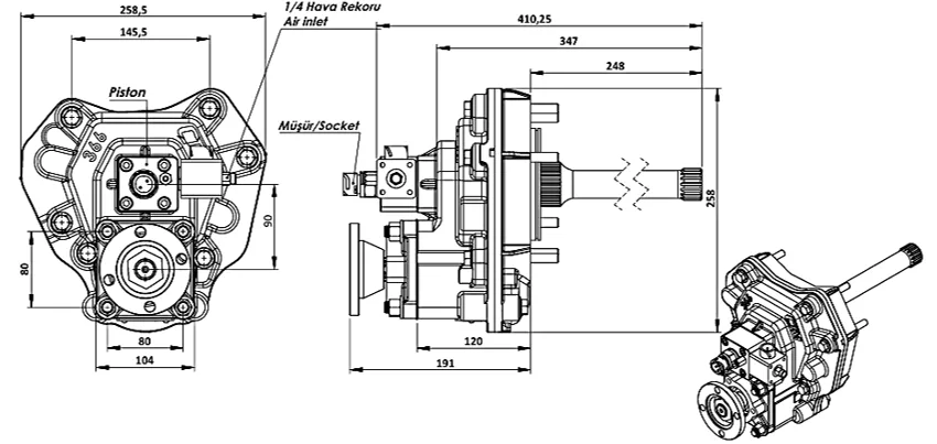 CTM 366 AD1 PTO teknik çizimi — kesit, ölçü ve montaj şeması