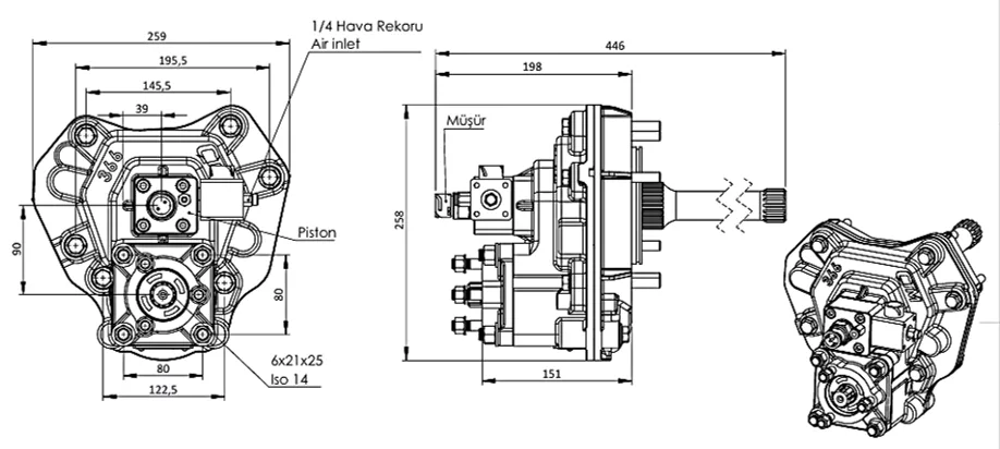 CTM 366 AE PTO teknik çizimi — kesit, ölçü ve montaj şeması