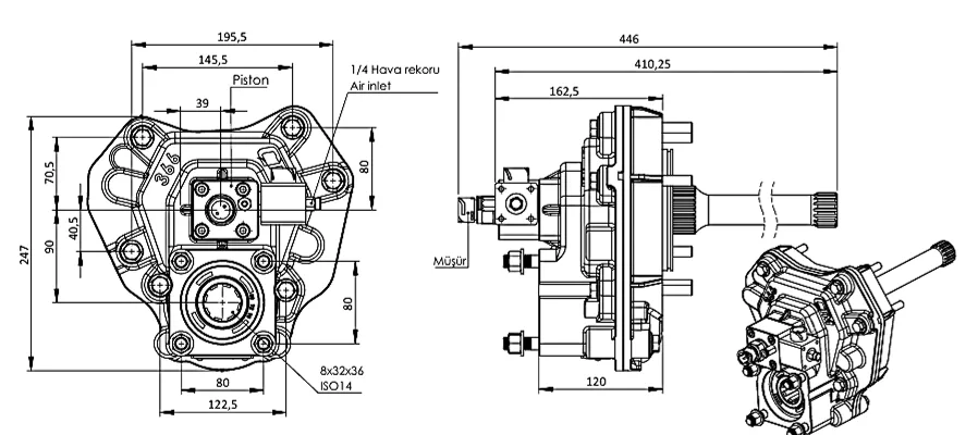 CTM 366 PTO teknik çizimi — kesit, ölçü ve montaj şeması