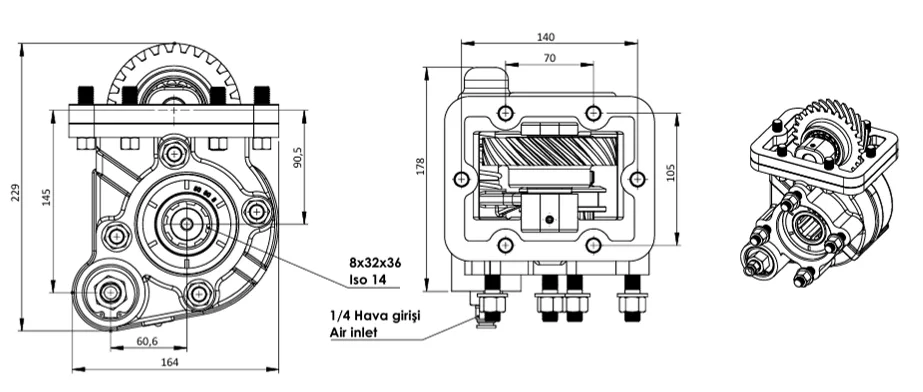 CTM 368 A1 PTO teknik çizimi — kesit, ölçü ve montaj şeması
