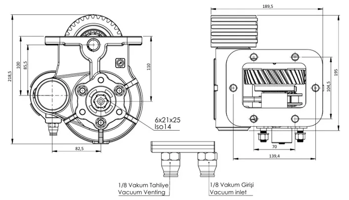 CTM 374 BC2 KV PTO teknik çizimi — kesit, ölçü ve montaj şeması