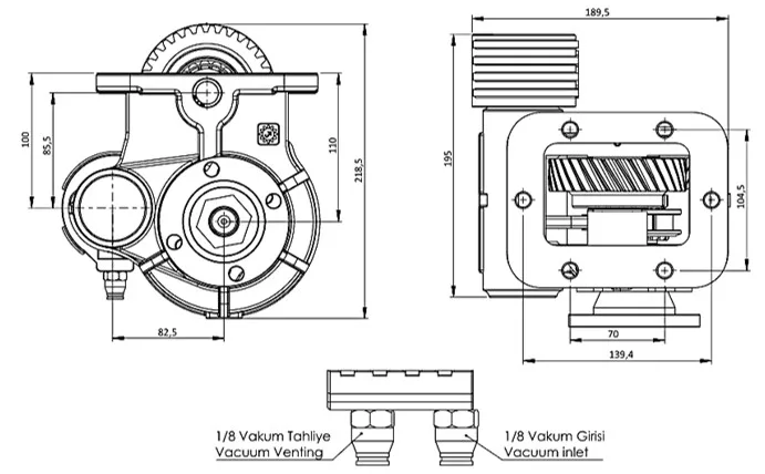 CTM 374 BD KV PTO teknik çizimi — kesit, ölçü ve montaj şeması