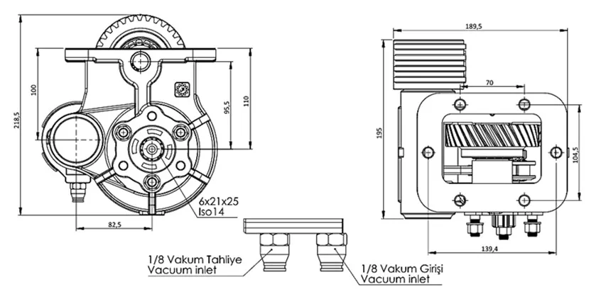 CTM 374 PTO teknik çizimi — kesit, ölçü ve montaj şeması