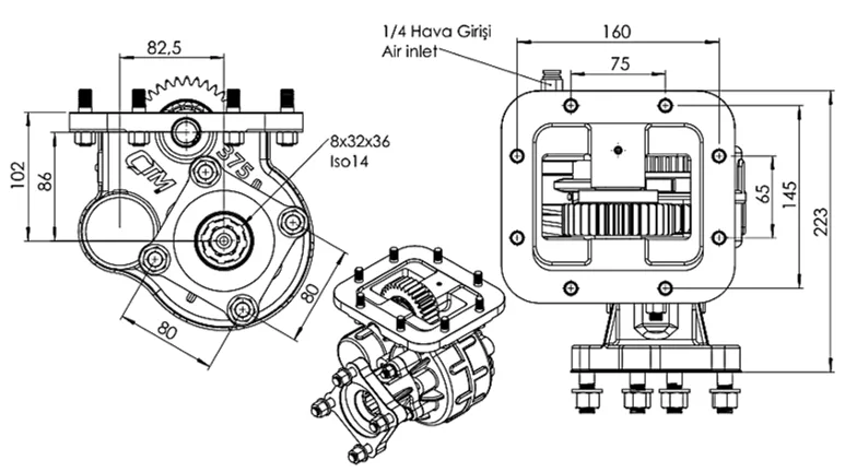 CTM 375 AC1 PTO teknik çizimi — kesit, ölçü ve montaj şeması