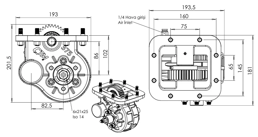 CTM 375 AC2 PTO teknik çizimi — kesit, ölçü ve montaj şeması