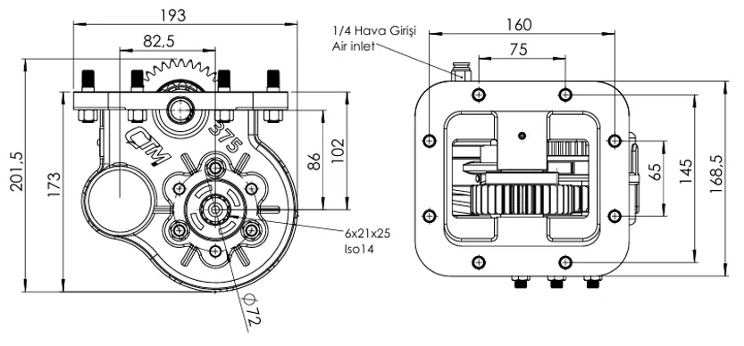 CTM 375 PTO teknik çizimi — kesit, ölçü ve montaj şeması