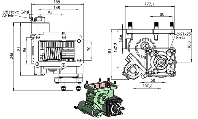 CTM 376 AC2 PTO teknik çizimi — kesit, ölçü ve montaj şeması