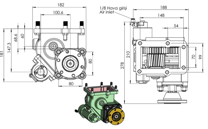 CTM 376 AD1 PTO teknik çizimi — kesit, ölçü ve montaj şeması