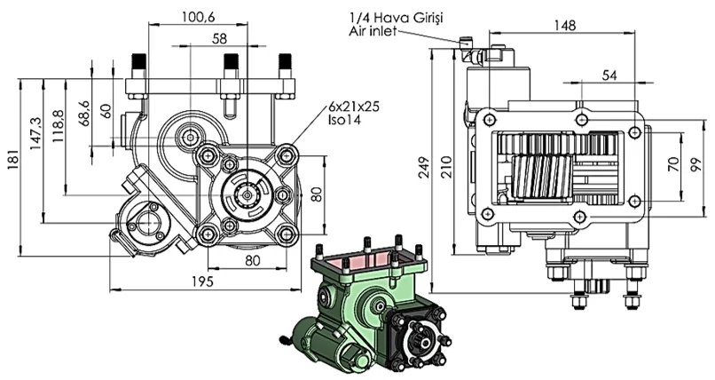 CTM 376 AE PTO teknik çizimi — kesit, ölçü ve montaj şeması