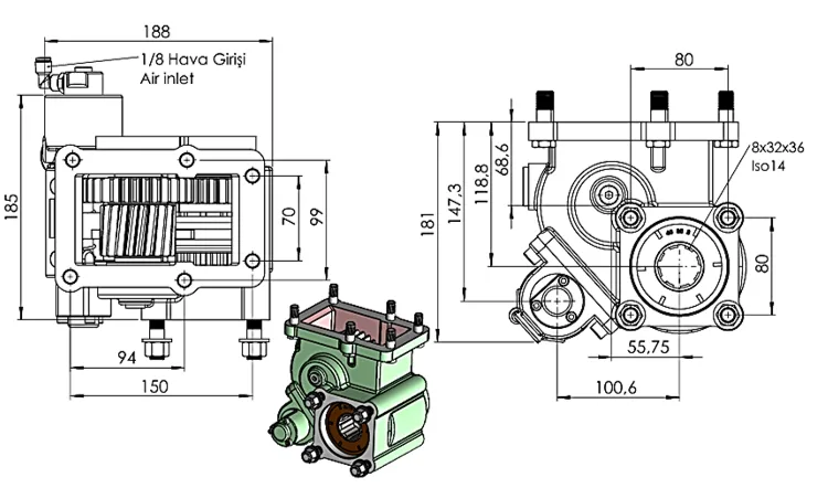 CTM 376 A1 PTO teknik çizimi — kesit, ölçü ve montaj şeması