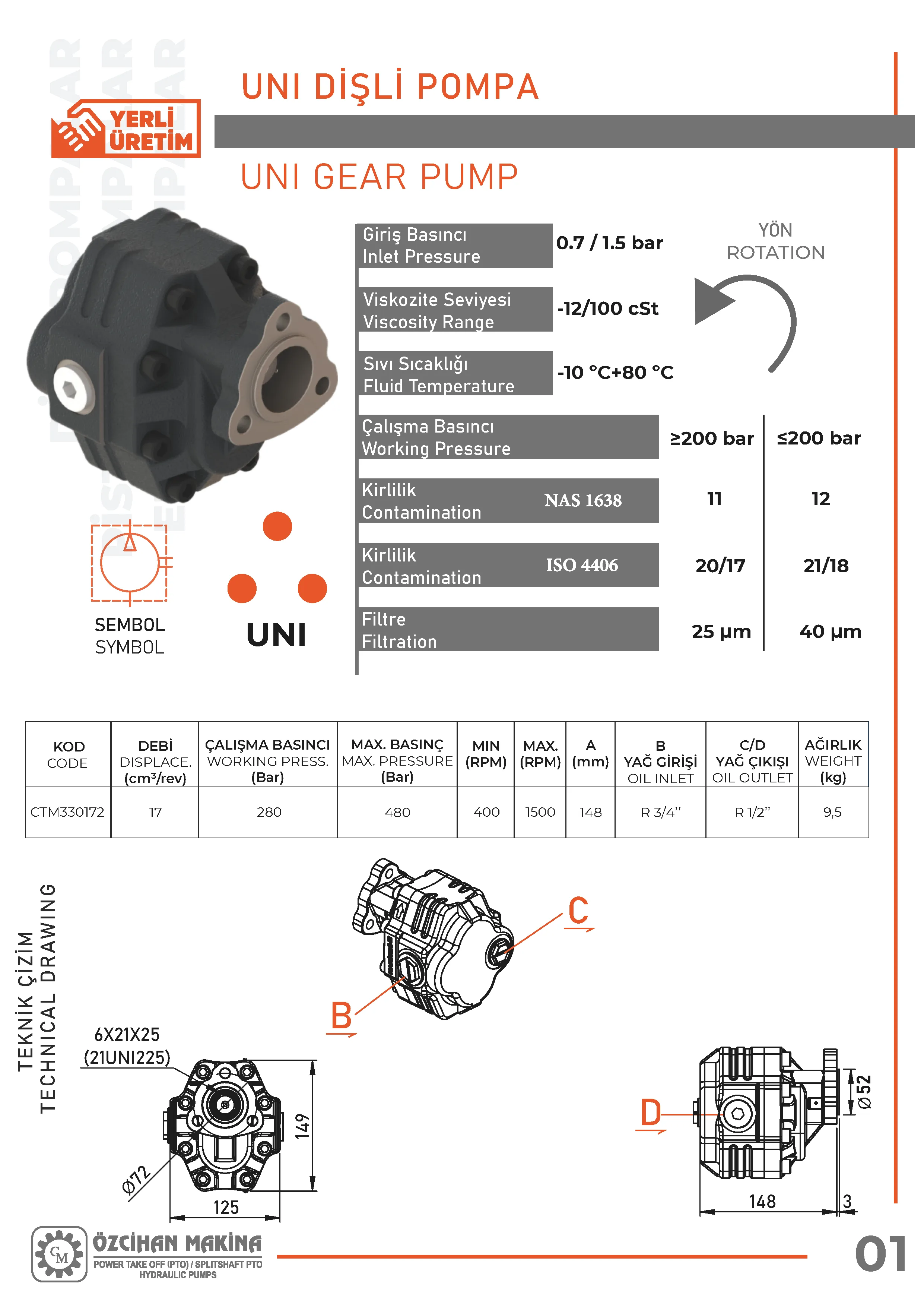 CTM330172 Döküm Gövde Dişli Pompa – 17 cm³/rev teknik çizimi — kesit, ölçü ve montaj şeması