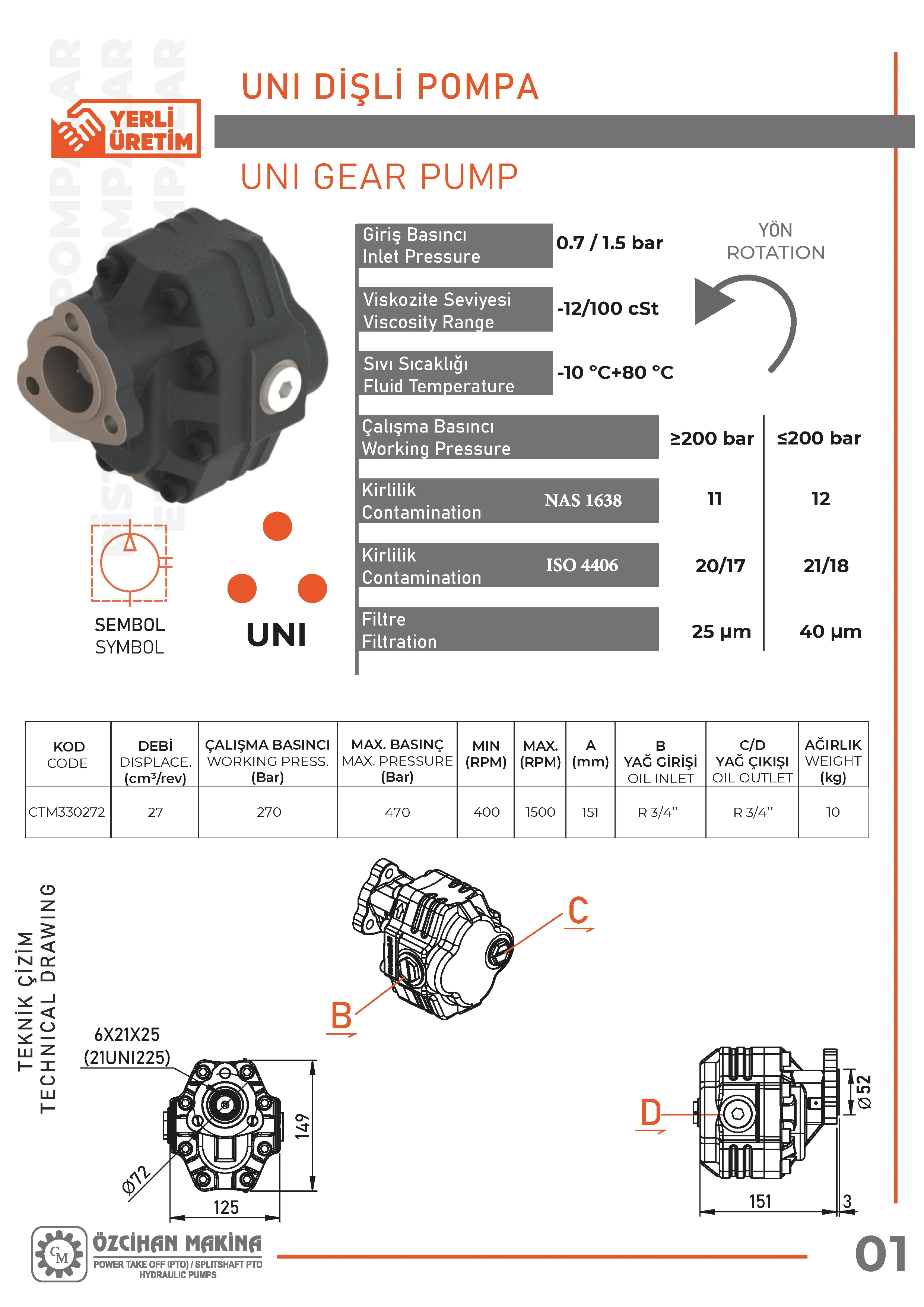 CTM330272 Döküm Gövde Dişli Pompa – 27 cm³/rev teknik çizimi — kesit, ölçü ve montaj şeması