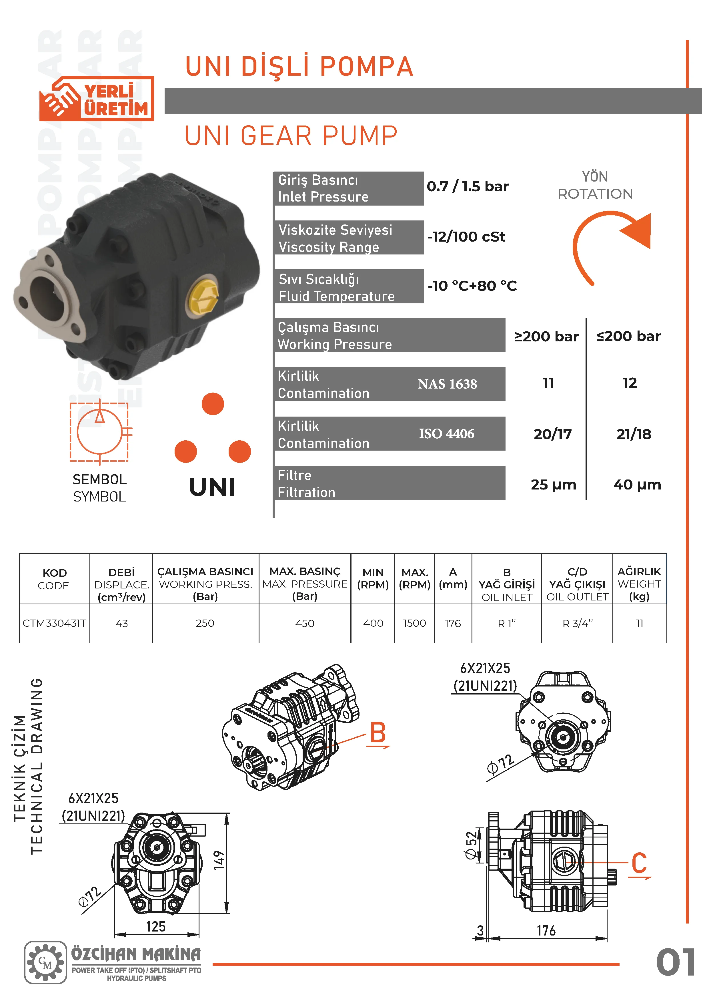 CTM330431T Döküm Gövde Dişli Pompa – 43 cm³/rev teknik çizimi — kesit, ölçü ve montaj şeması