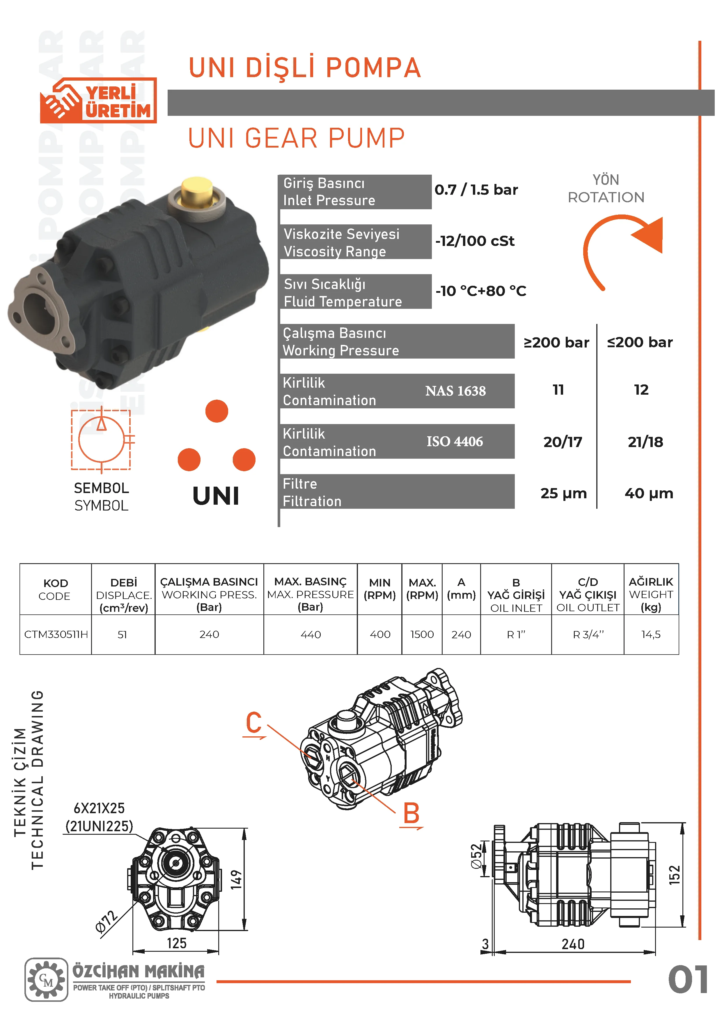 CTM330511H Döküm Gövde Dişli Pompa – 51 cm³/rev teknik çizimi — kesit, ölçü ve montaj şeması