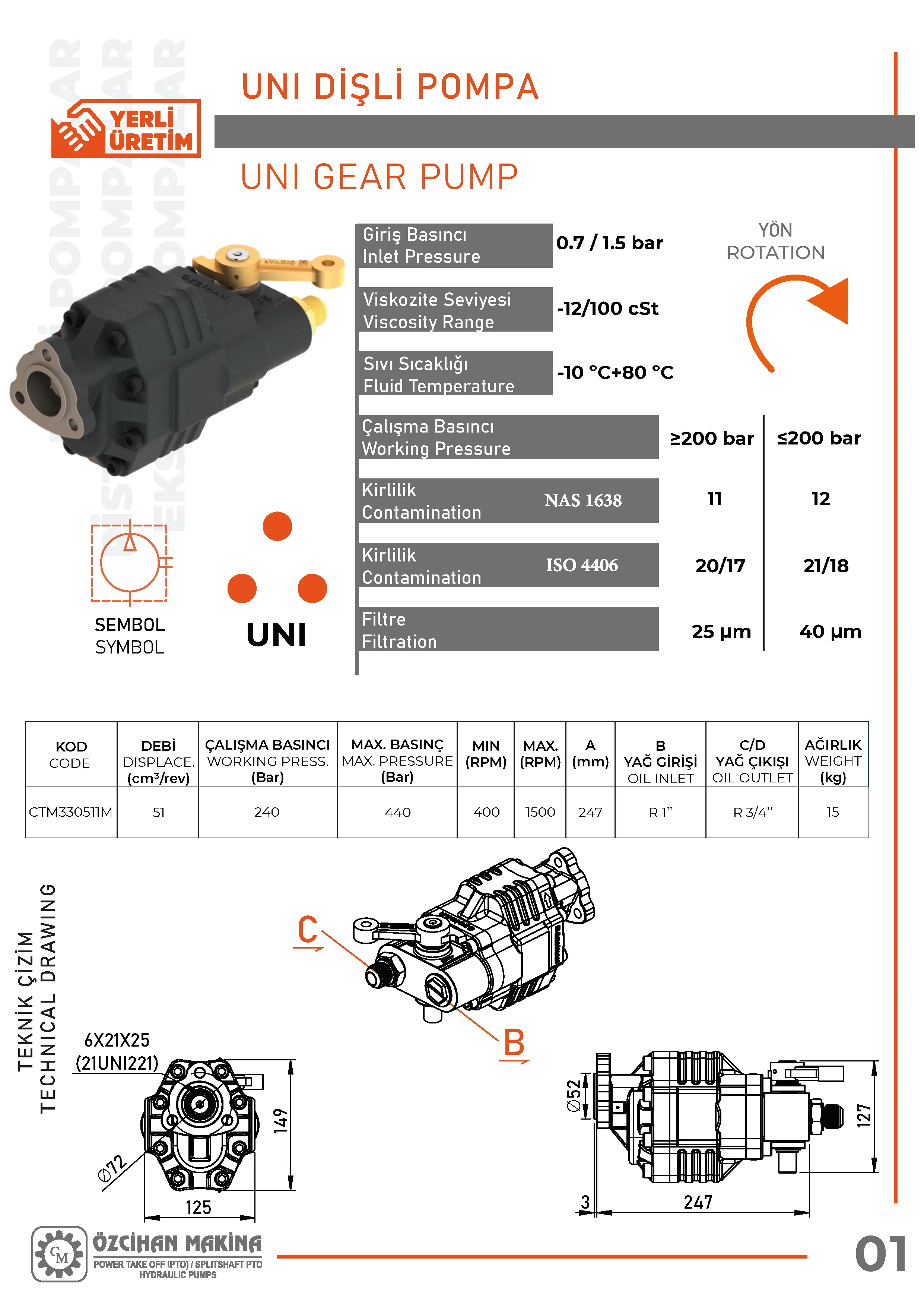 CTM330511M Döküm Gövde Dişli Pompa – 51 cm³/rev teknik çizimi — kesit, ölçü ve montaj şeması