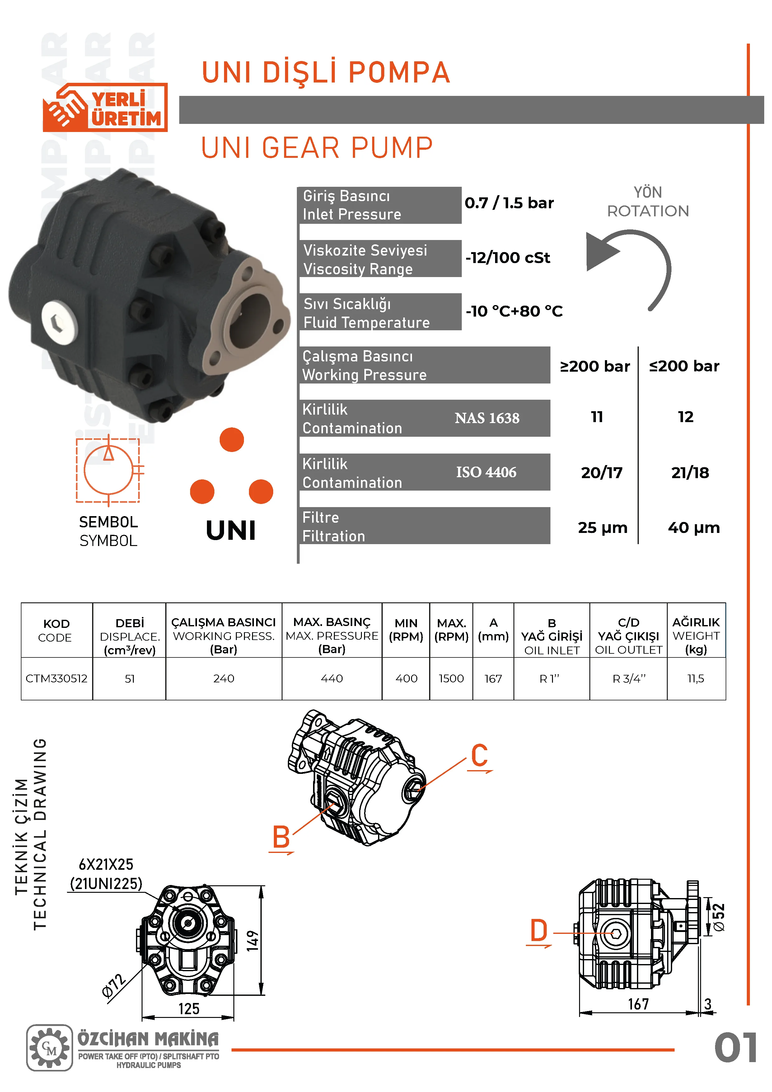 CTM330512 Döküm Gövde Dişli Pompa – 51 cm³/rev teknik çizimi — kesit, ölçü ve montaj şeması