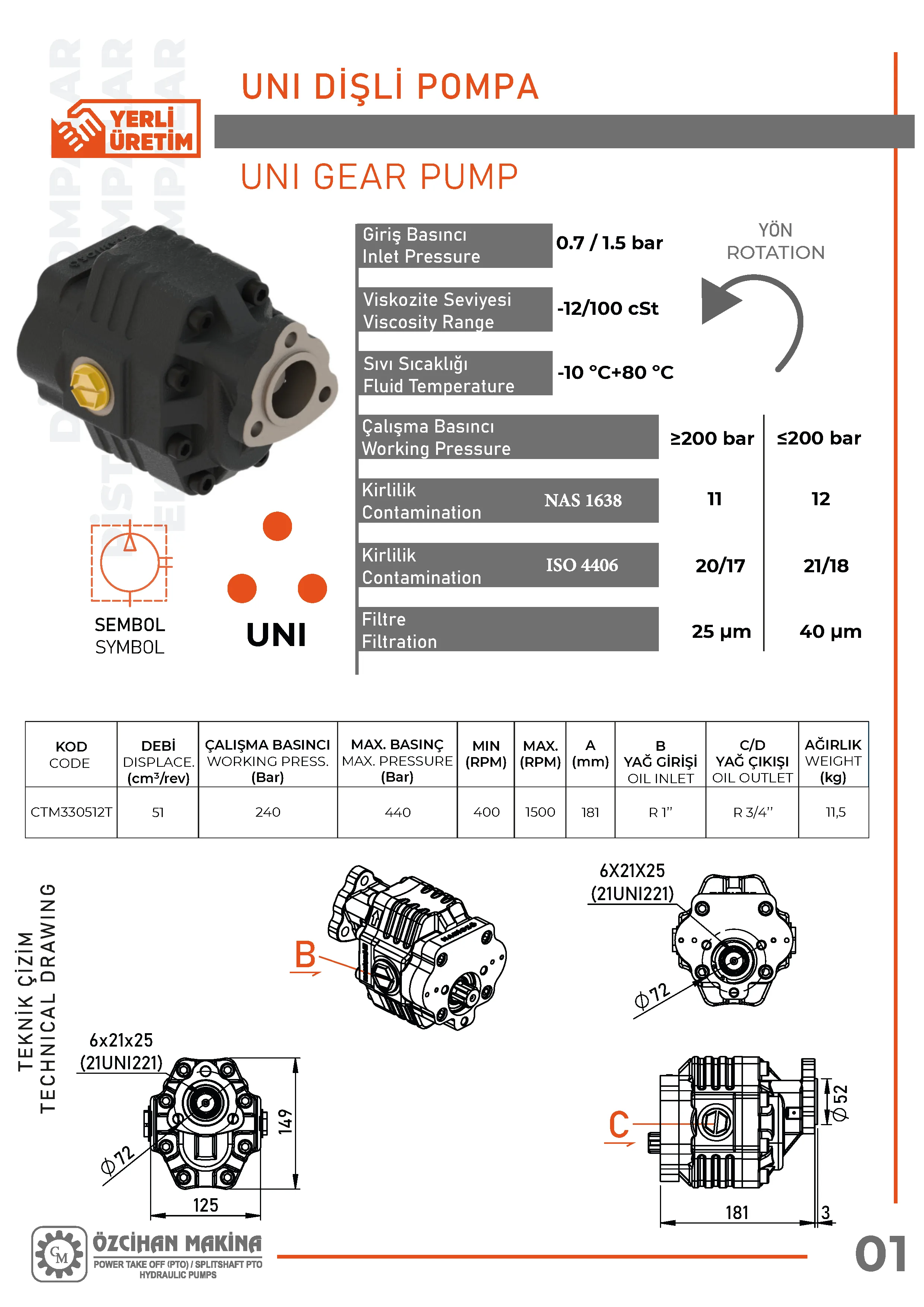 CTM330512T Döküm Gövde Dişli Pompa – 51 cm³/rev teknik çizimi — kesit, ölçü ve montaj şeması