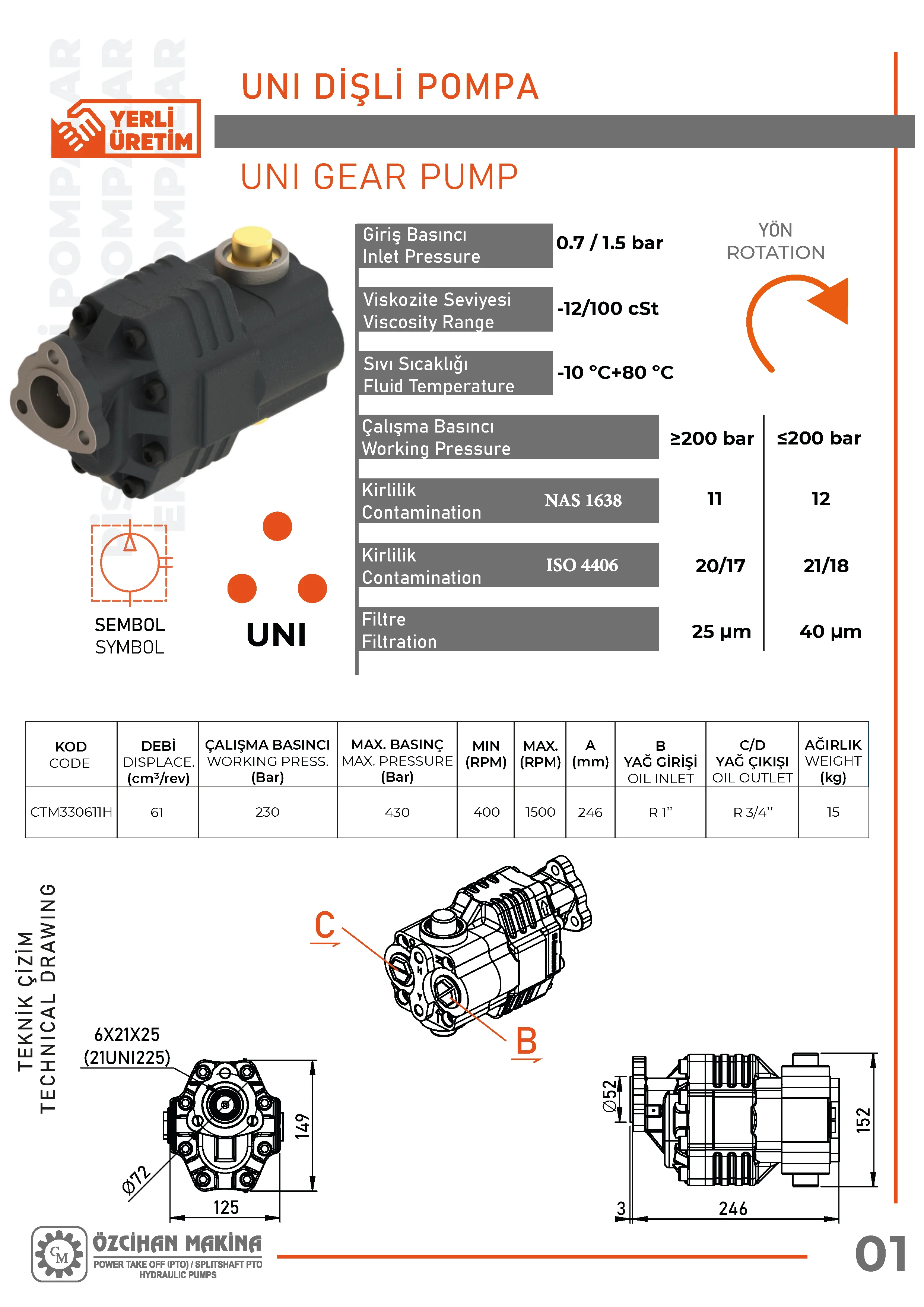 CTM330611H Döküm Gövde Dişli Pompa – 61 cm³/rev teknik çizimi — kesit, ölçü ve montaj şeması