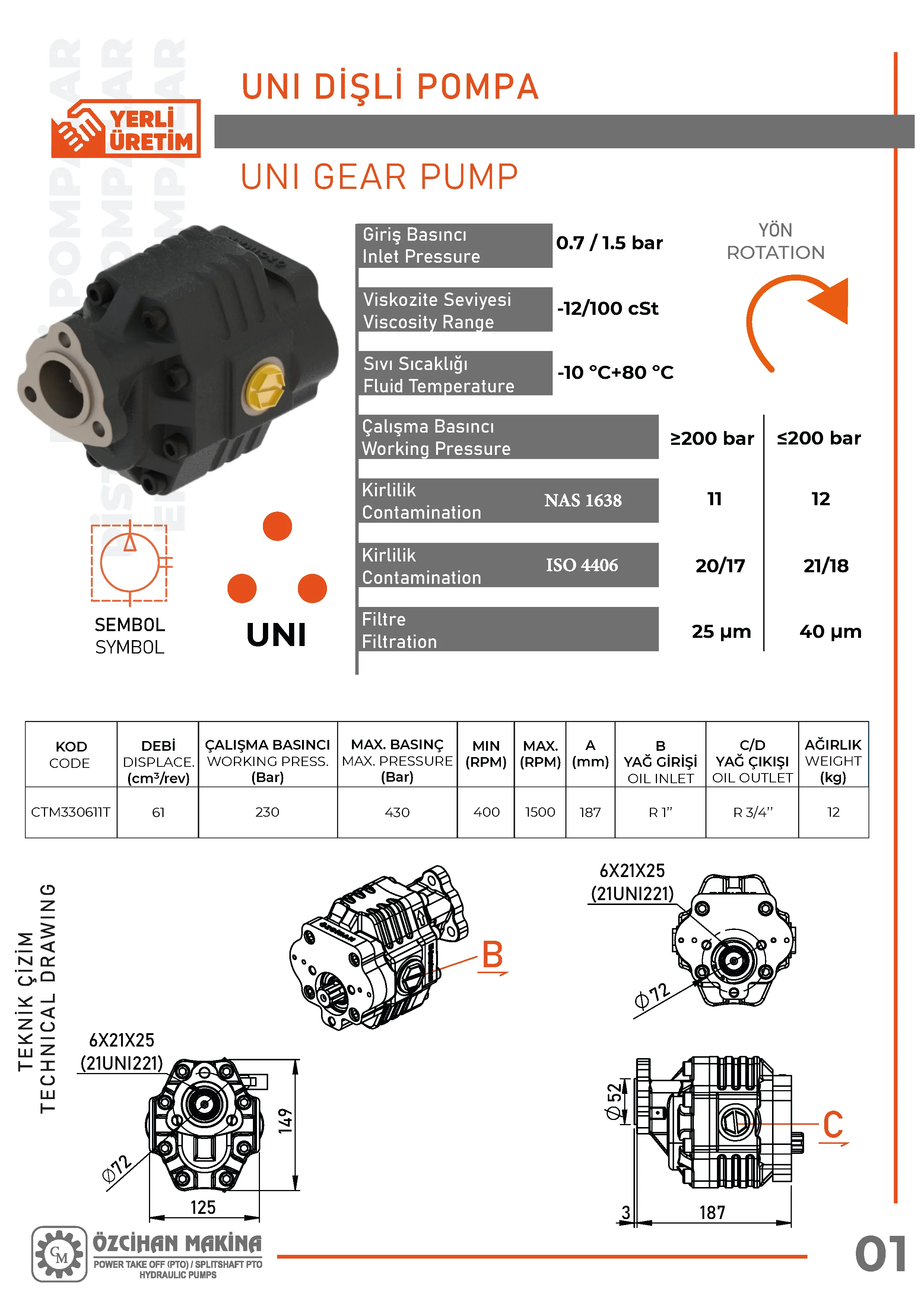 CTM330611T Döküm Gövde Dişli Pompa – 61 cm³/rev teknik çizimi — kesit, ölçü ve montaj şeması