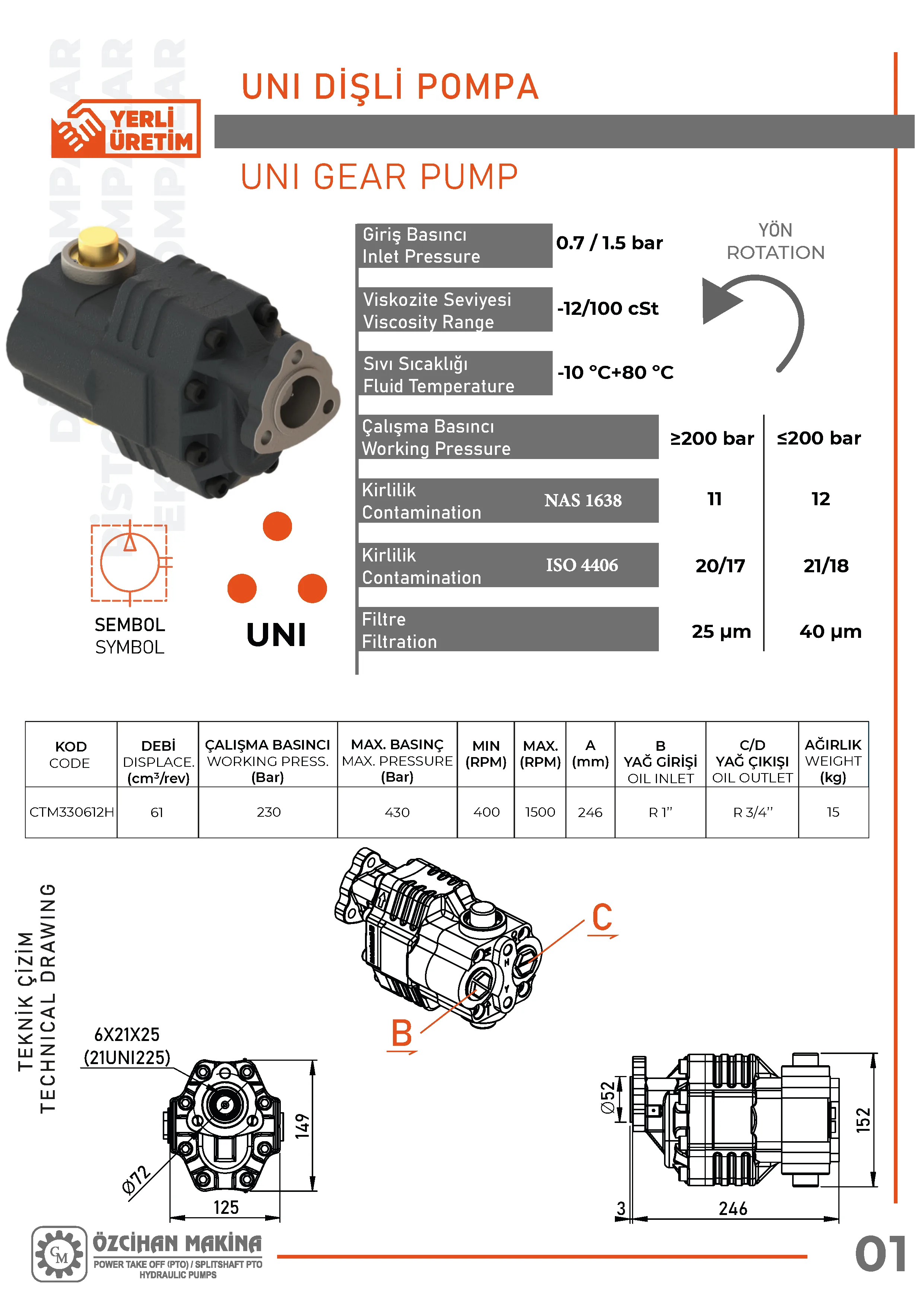 CTM330612H Döküm Gövde Dişli Pompa – 61 cm³/rev teknik çizimi — kesit, ölçü ve montaj şeması
