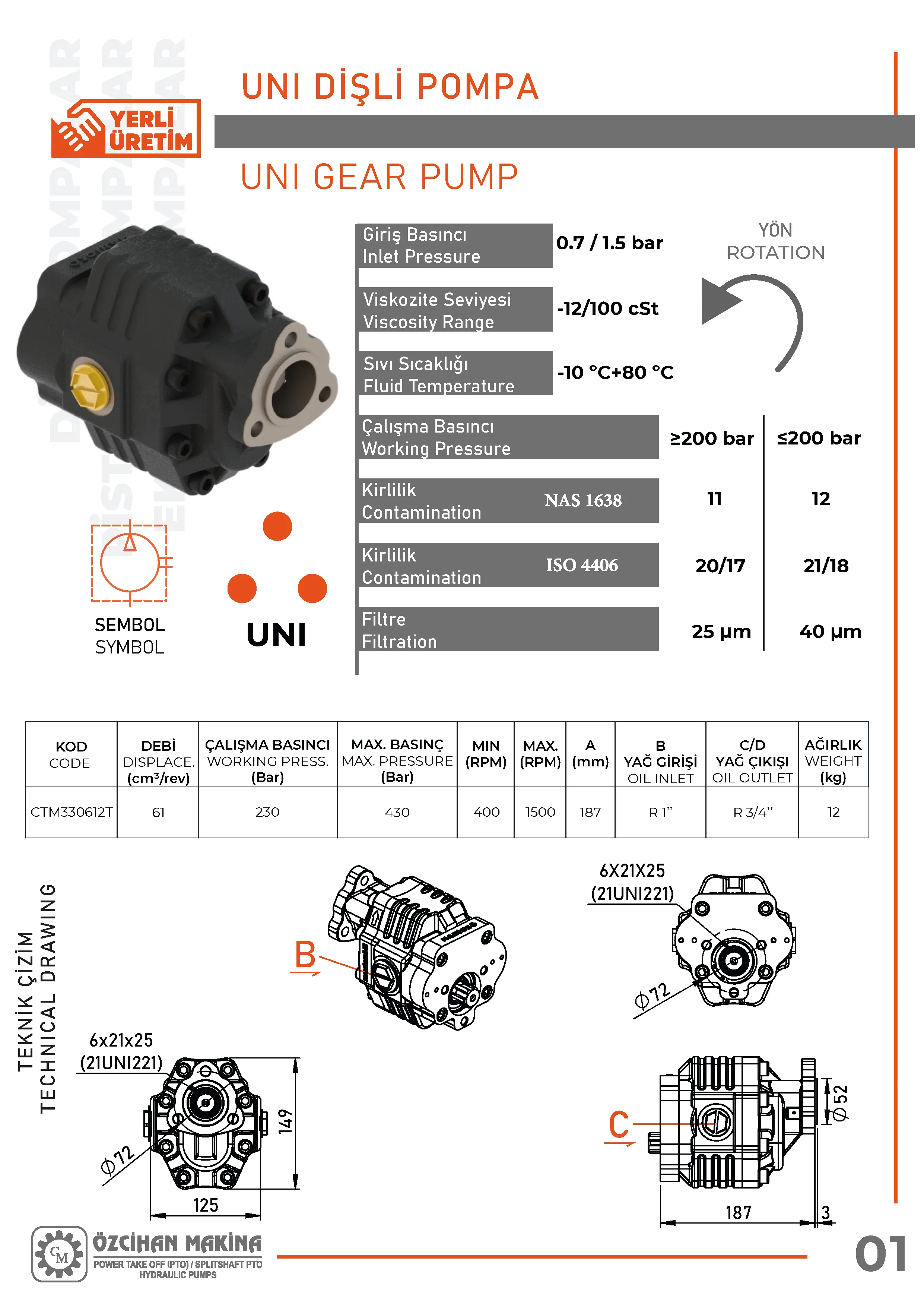CTM330612T Döküm Gövde Dişli Pompa – 61 cm³/rev teknik çizimi — kesit, ölçü ve montaj şeması