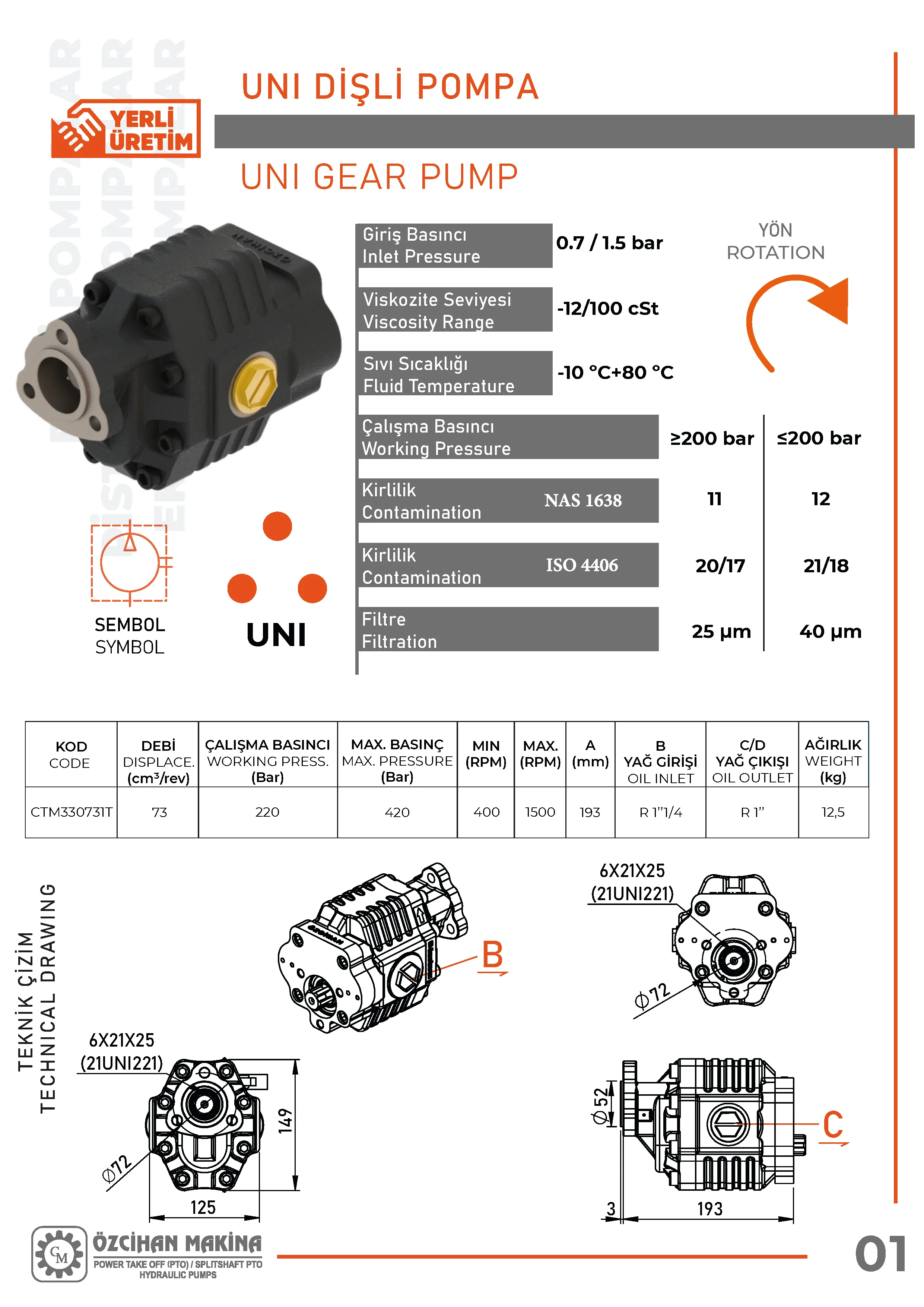 CTM330731T Döküm Gövde Dişli Pompa – 73 cm³/rev teknik çizimi — kesit, ölçü ve montaj şeması