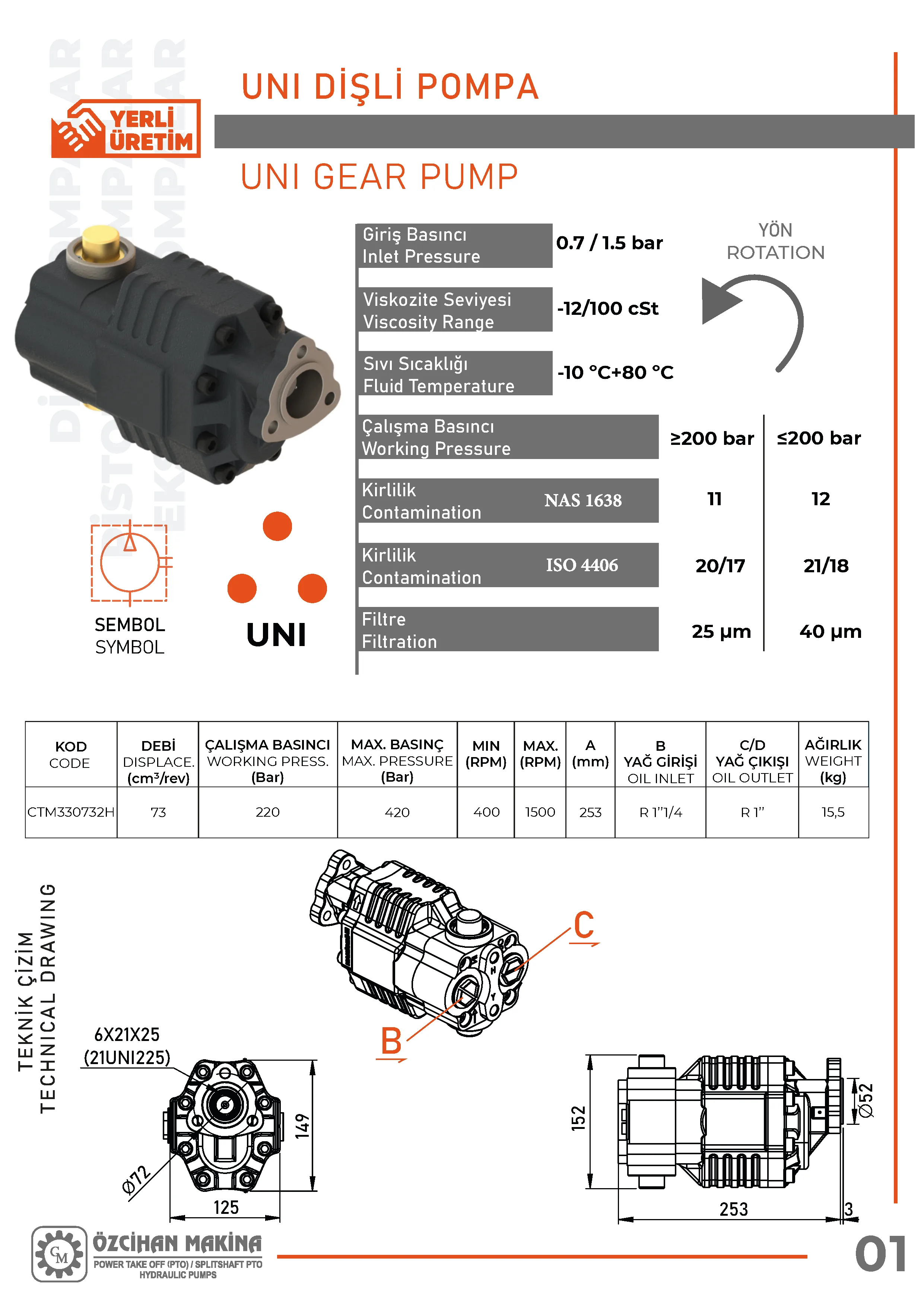 CTM330732H Döküm Gövde Dişli Pompa – 73 cm³/rev teknik çizimi — kesit, ölçü ve montaj şeması