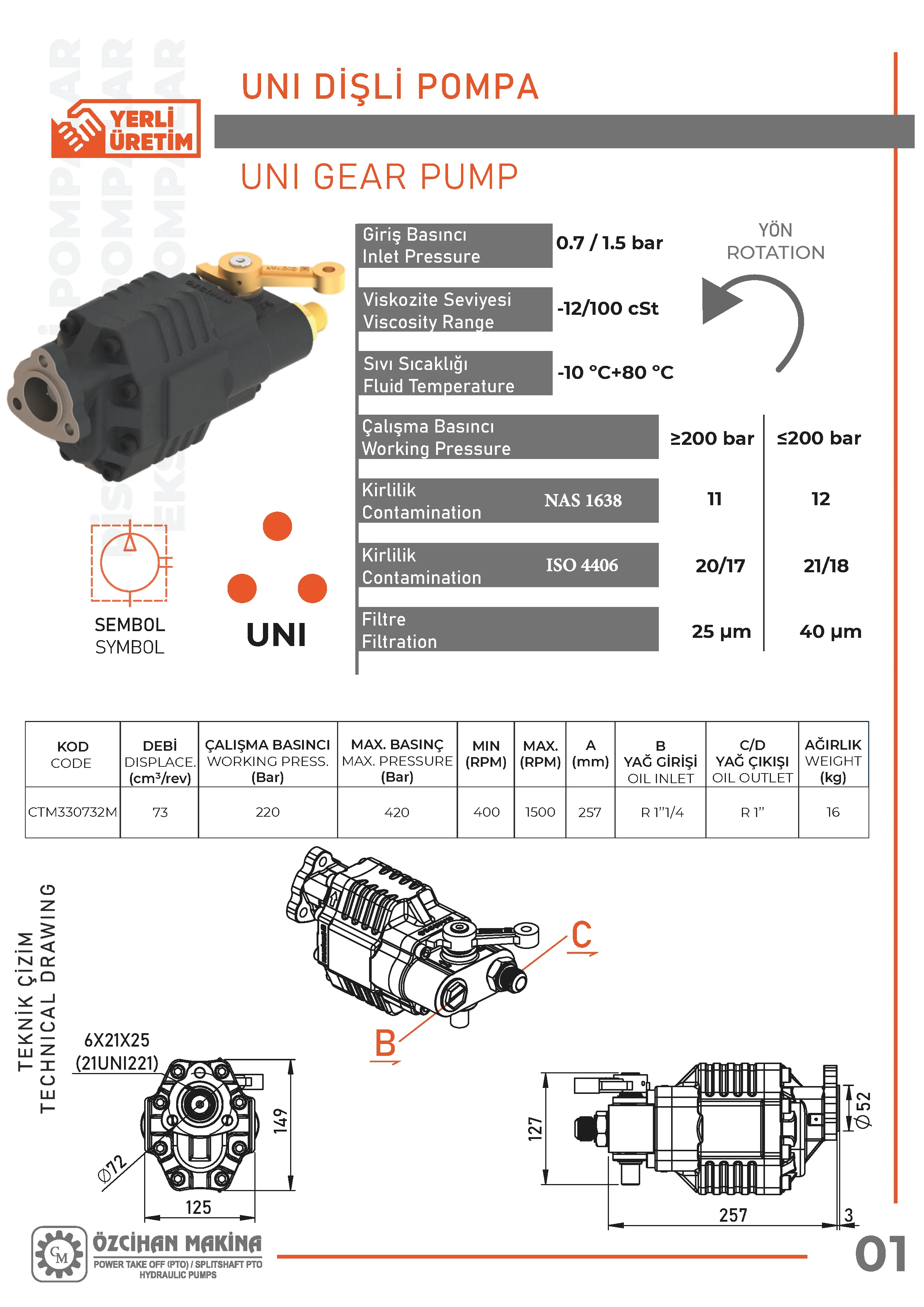 CTM330732M Döküm Gövde Dişli Pompa – 73 cm³/rev teknik çizimi — kesit, ölçü ve montaj şeması