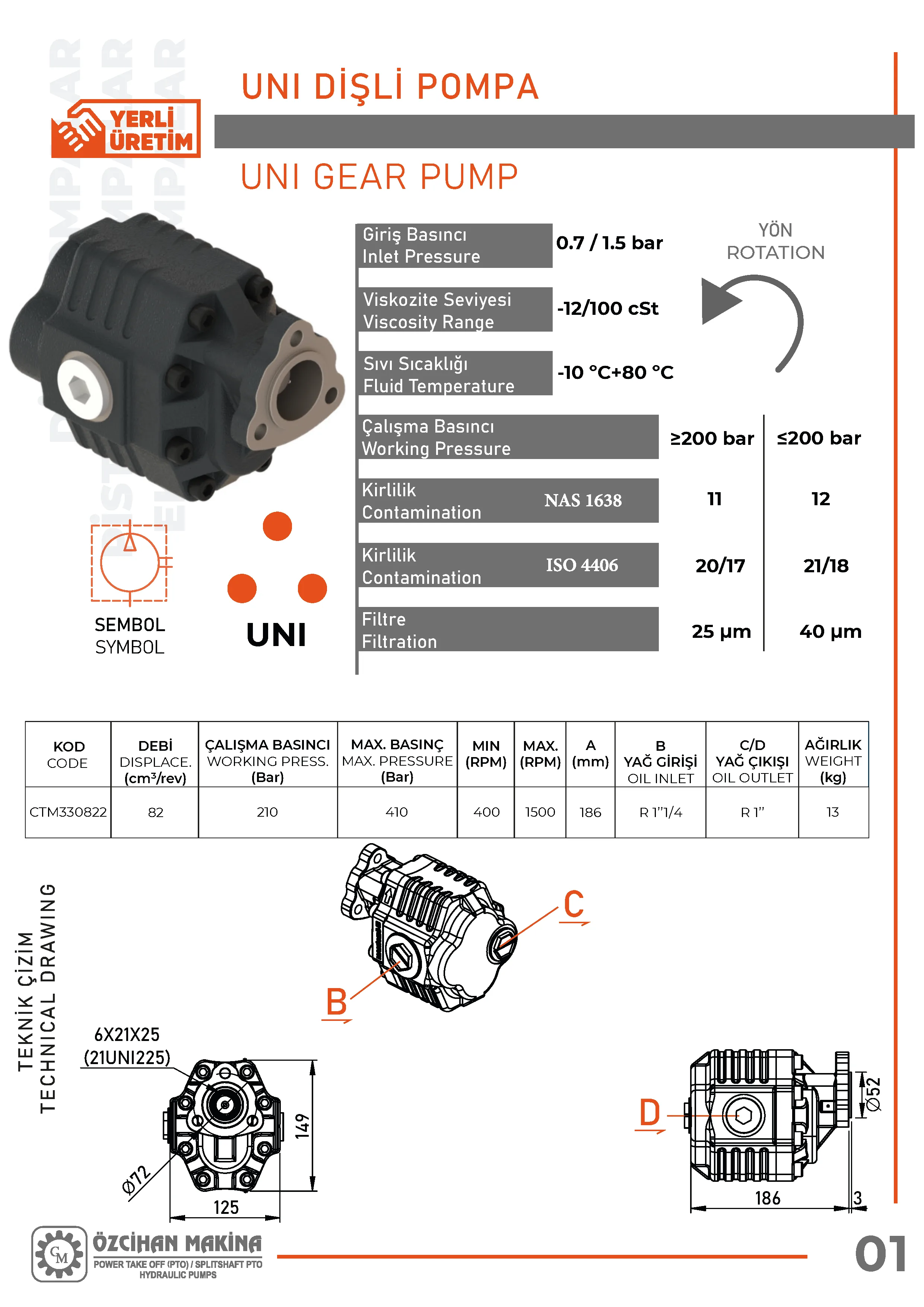 CTM330822 Döküm Gövde Dişli Pompa – 82 cm³/rev teknik çizimi — kesit, ölçü ve montaj şeması