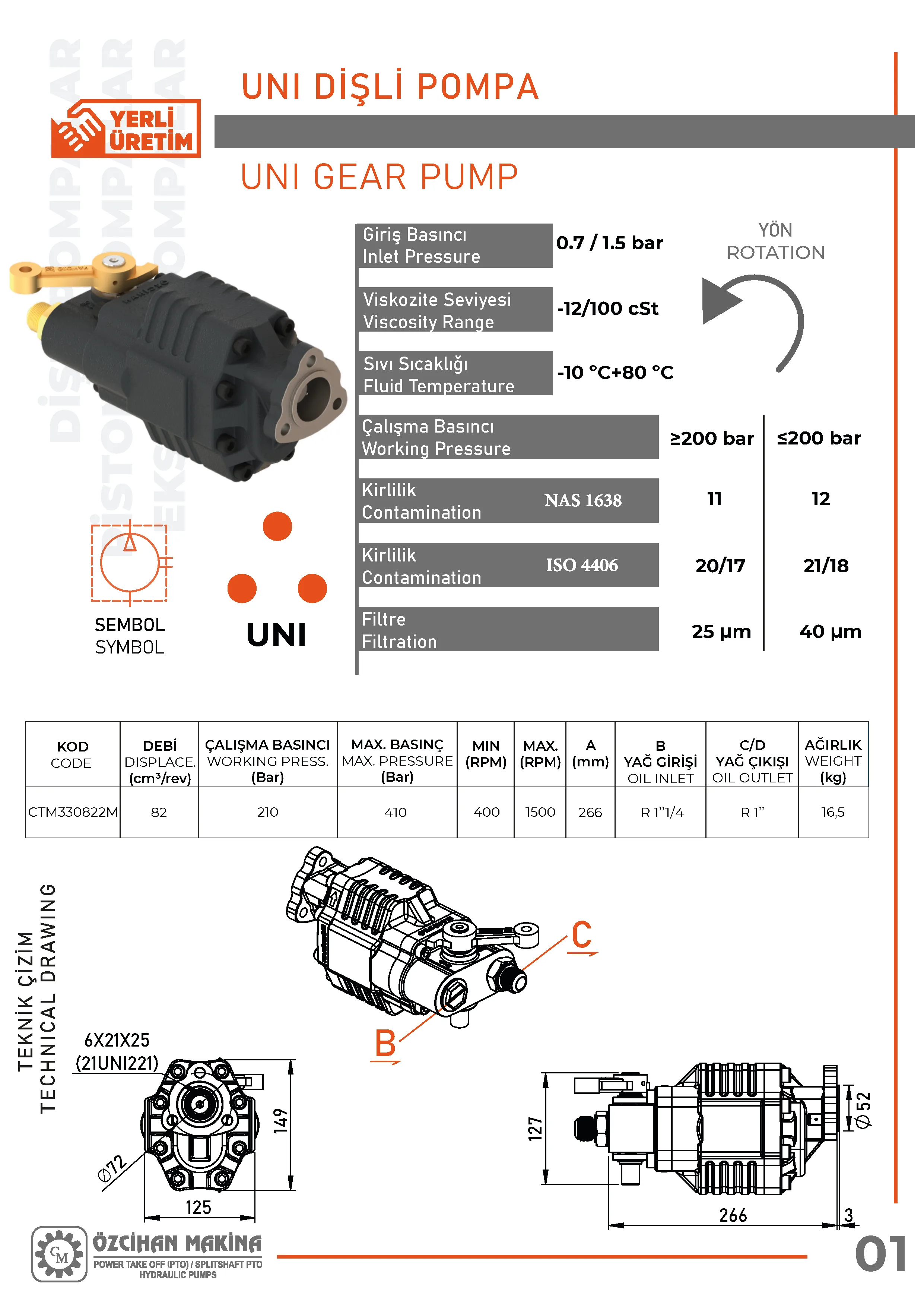 CTM330822M Döküm Gövde Dişli Pompa – 82 cm³/rev teknik çizimi — kesit, ölçü ve montaj şeması