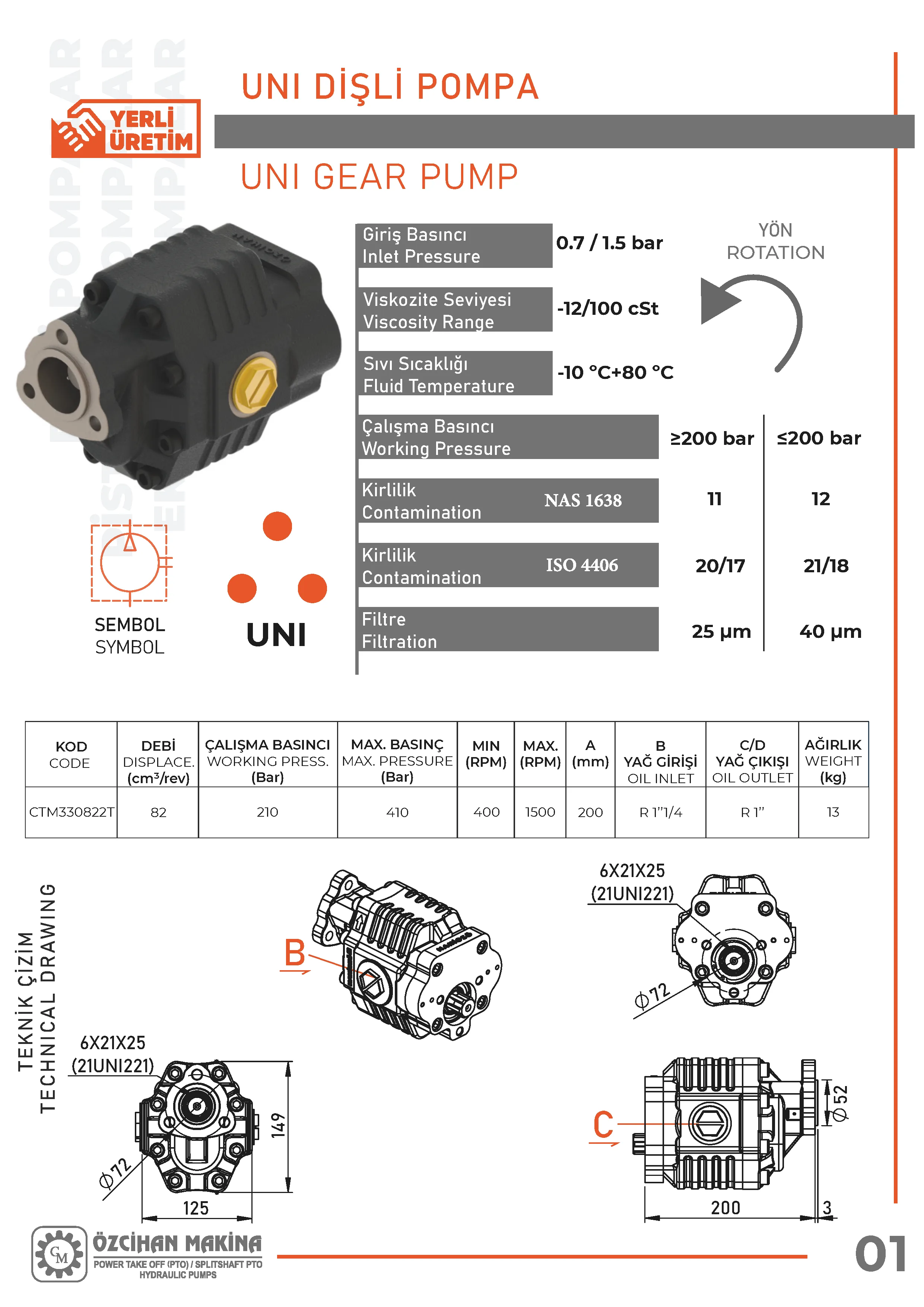 CTM330822T Döküm Gövde Dişli Pompa – 82 cm³/rev teknik çizimi — kesit, ölçü ve montaj şeması