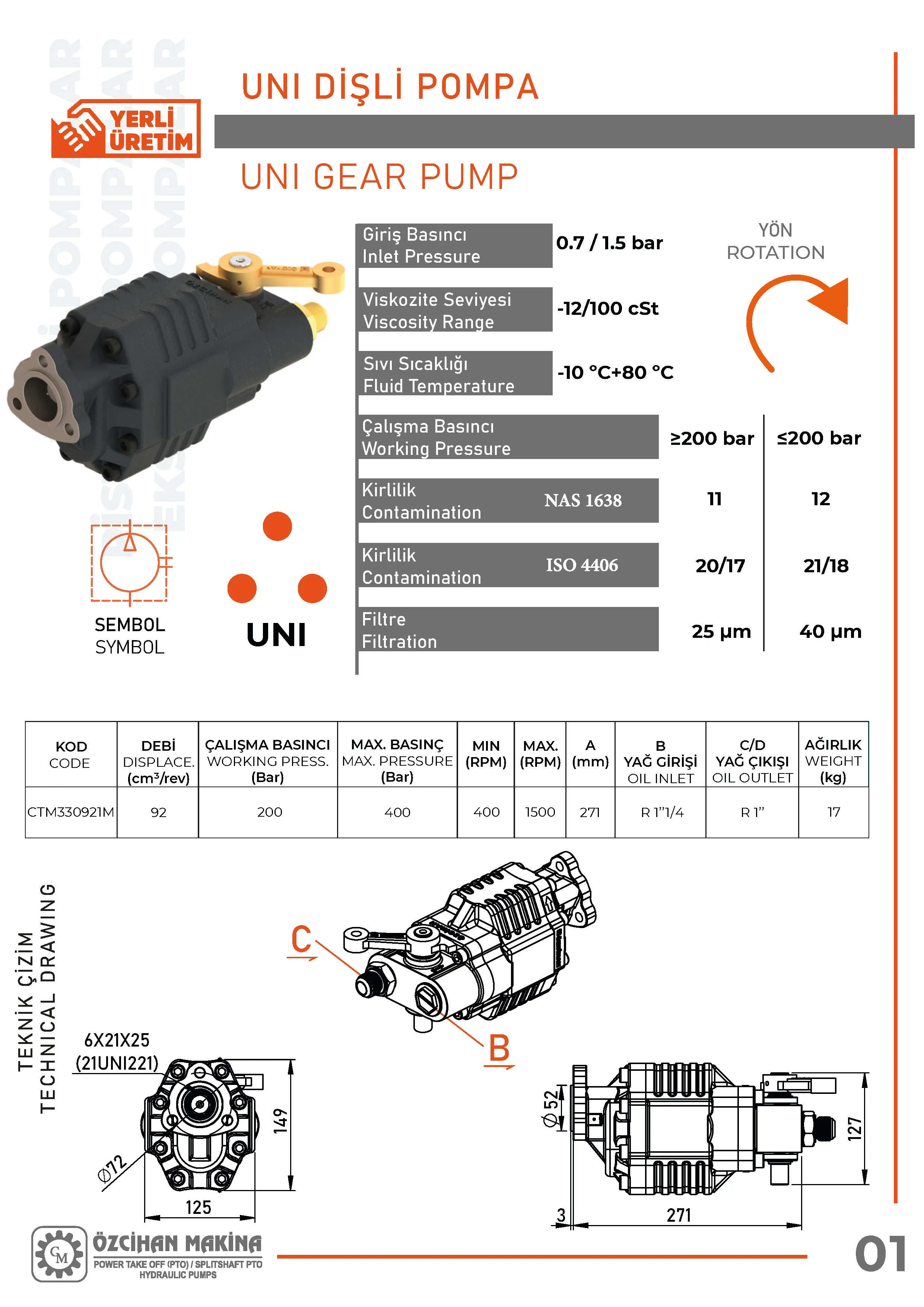 CTM330921M Döküm Gövde Dişli Pompa – 92 cm³/rev teknik çizimi — kesit, ölçü ve montaj şeması