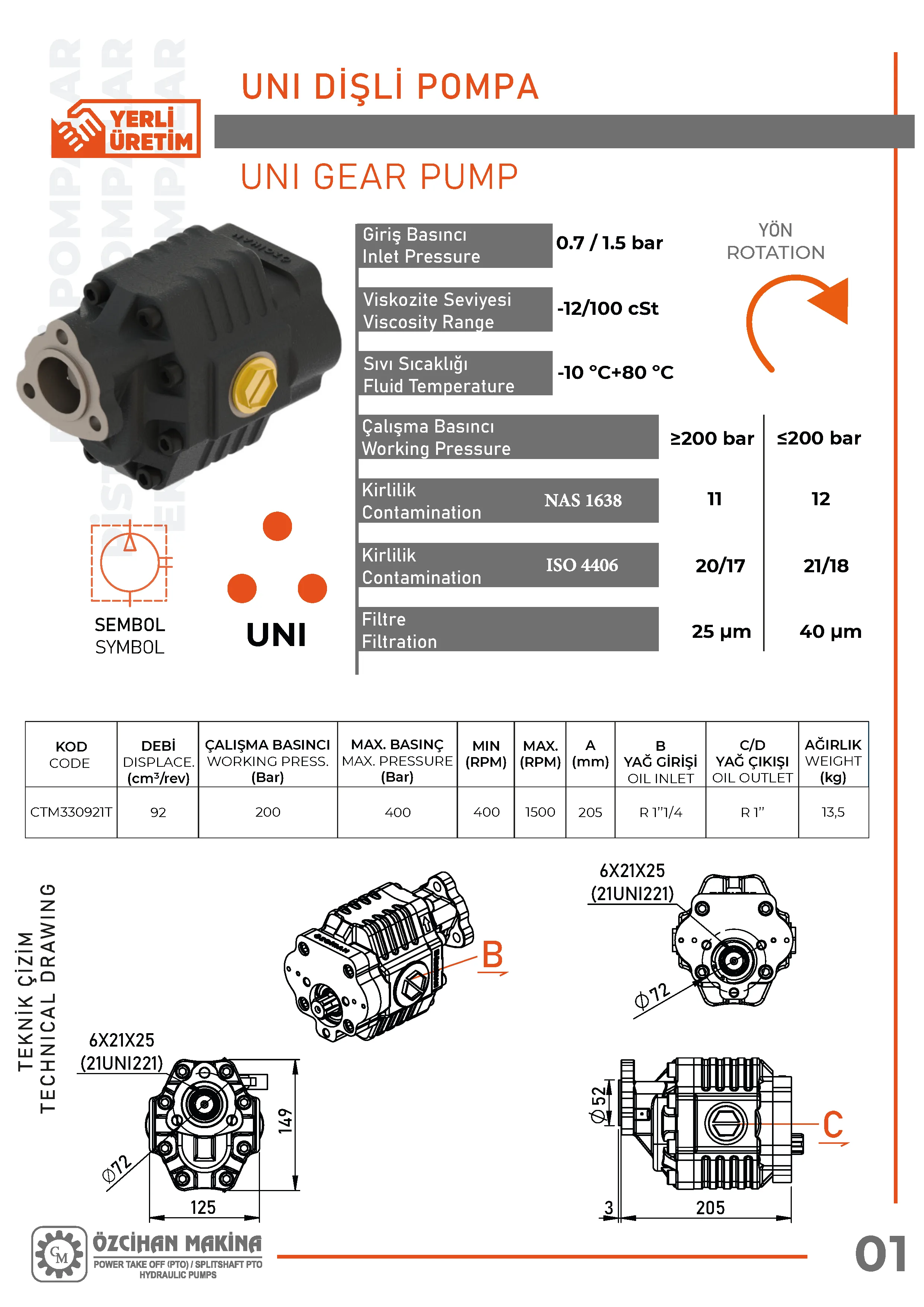CTM330921T Döküm Gövde Dişli Pompa – 92 cm³/rev teknik çizimi — kesit, ölçü ve montaj şeması