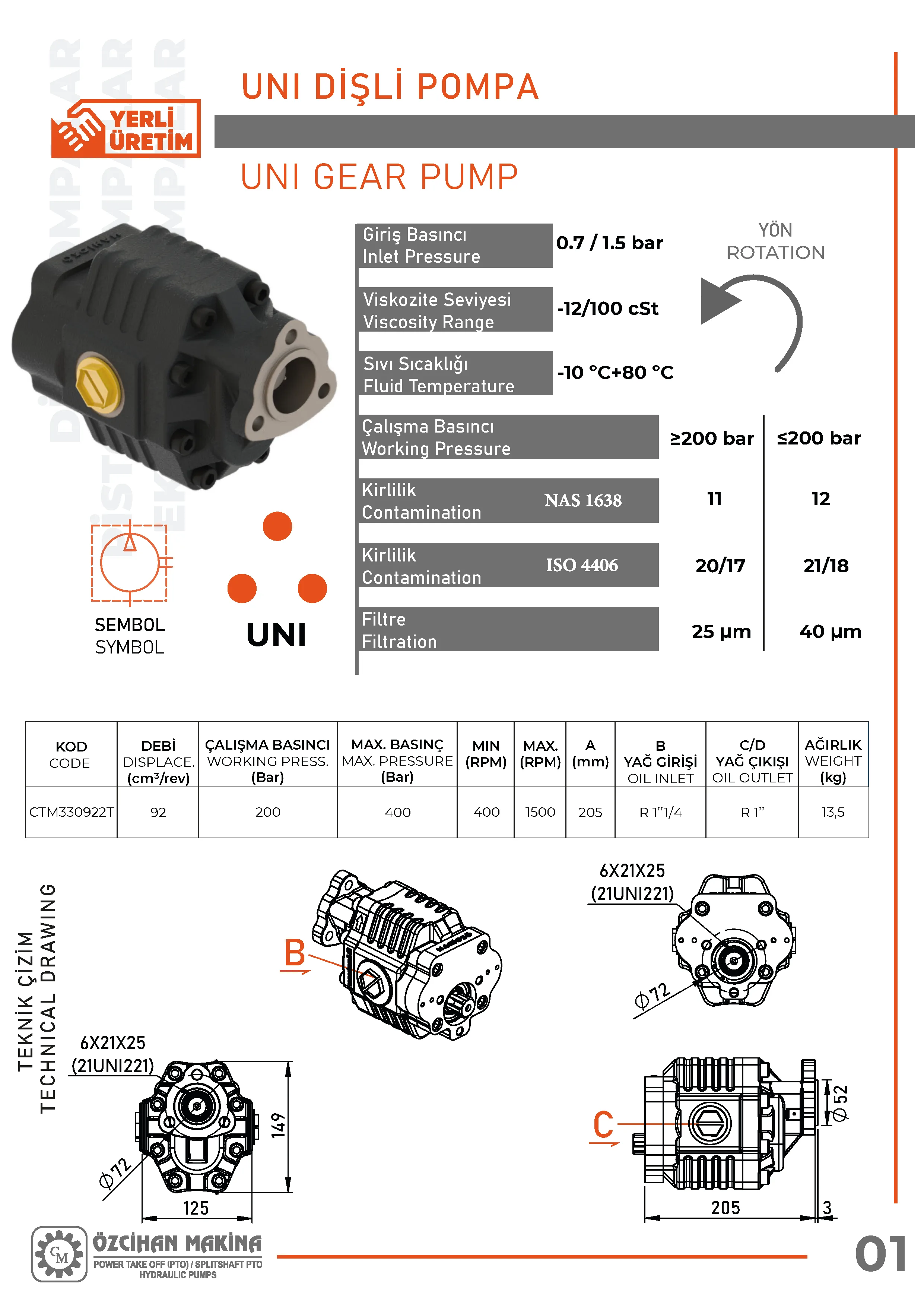 CTM330922T Döküm Gövde Dişli Pompa – 92 cm³/rev teknik çizimi — kesit, ölçü ve montaj şeması