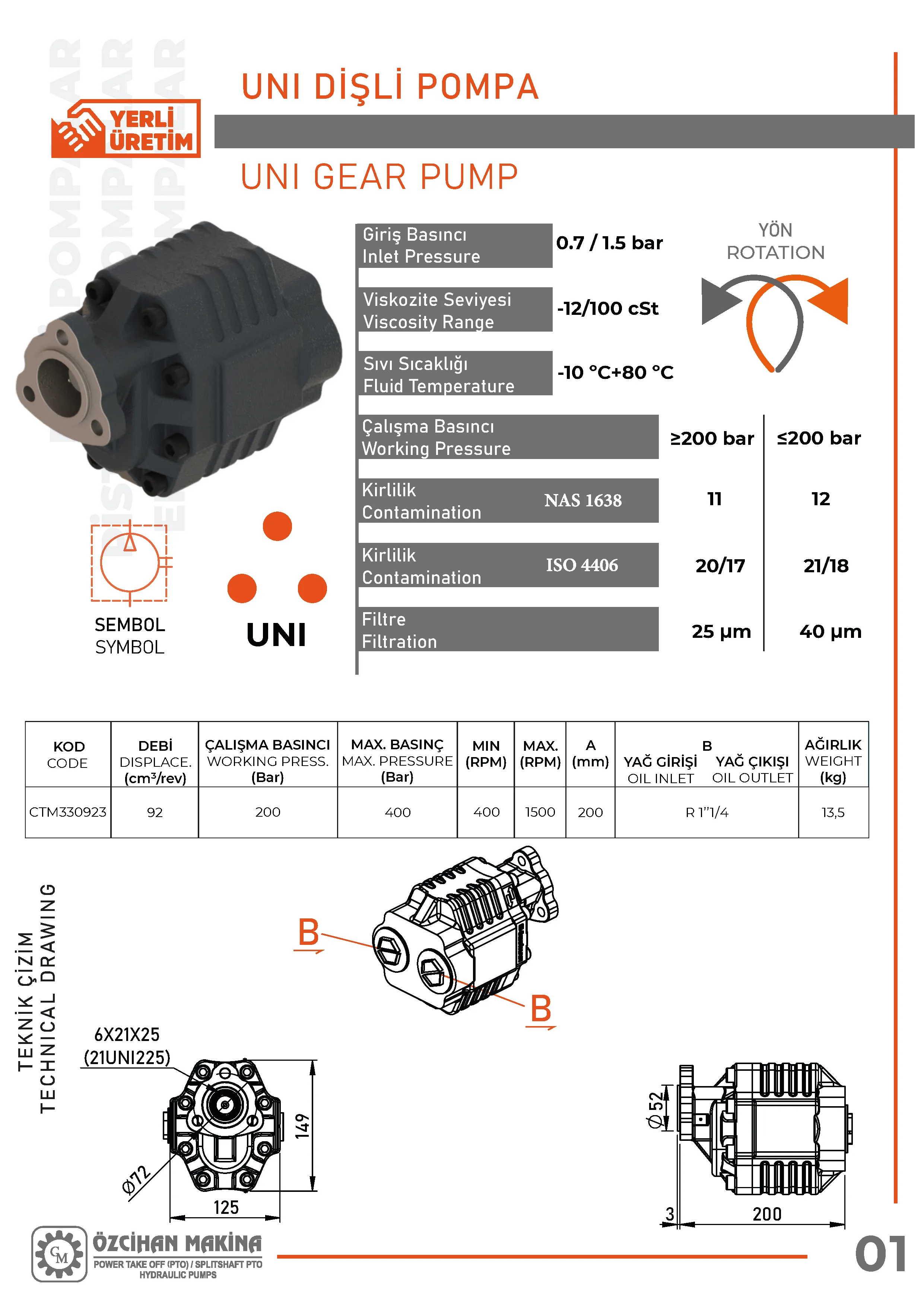 CTM330923 Döküm Gövde Dişli Pompa – 92 cm³/rev teknik çizimi — kesit, ölçü ve montaj şeması
