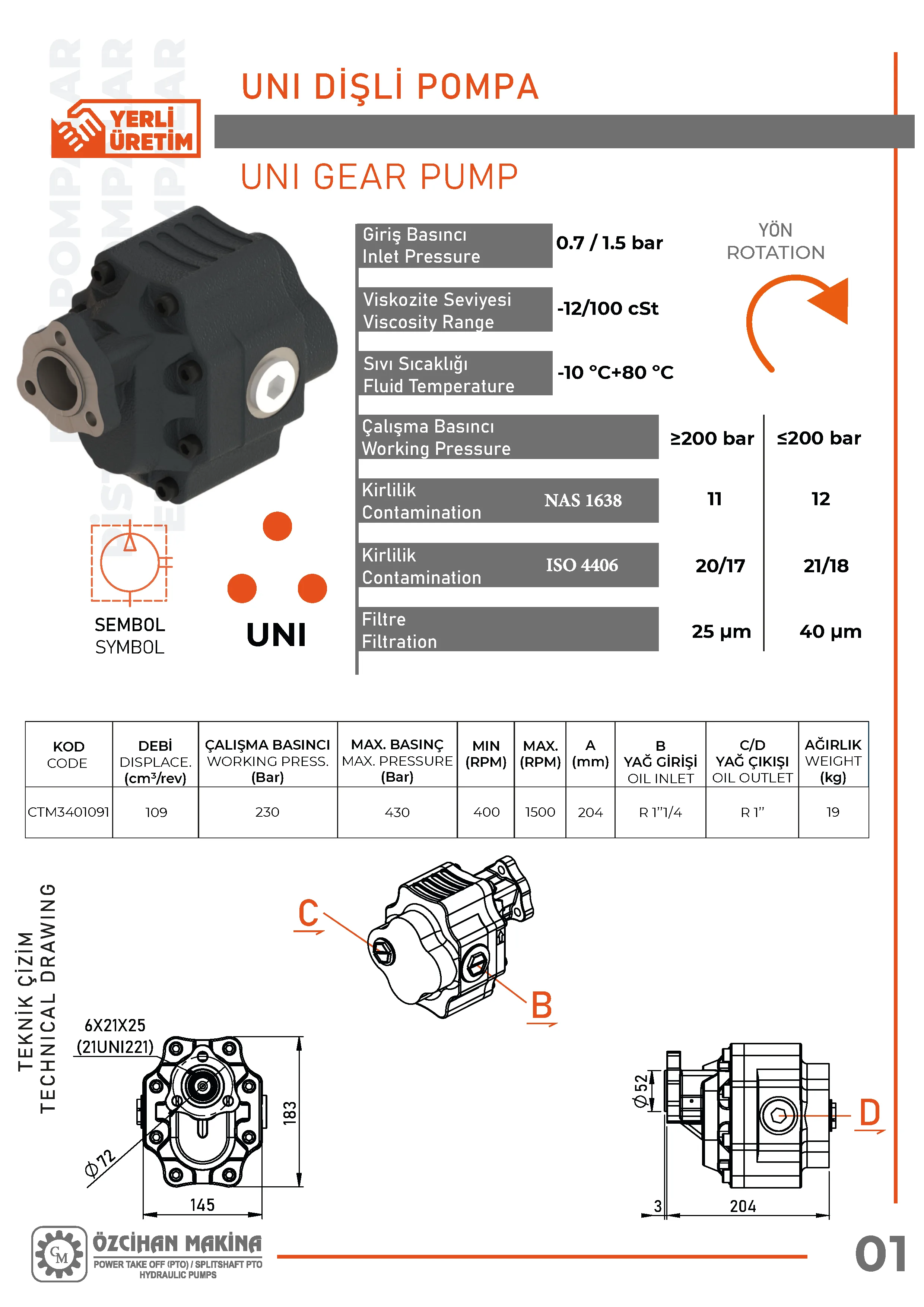 CTM3401091 Döküm Gövde Dişli Pompa – 109 cm³/rev teknik çizimi — kesit, ölçü ve montaj şeması