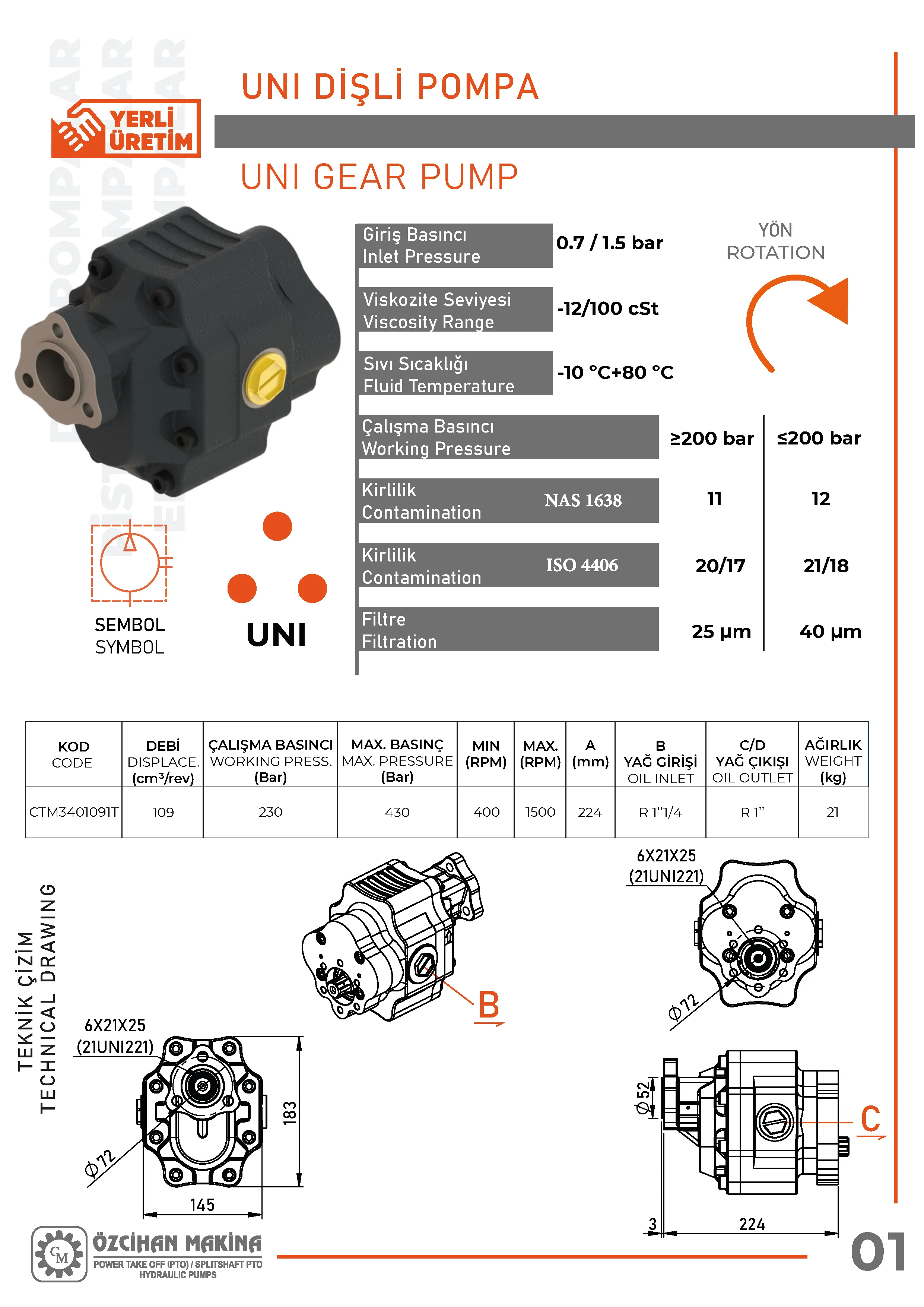 CTM3401091T Döküm Gövde Dişli Pompa – 109 cm³/rev teknik çizimi — kesit, ölçü ve montaj şeması