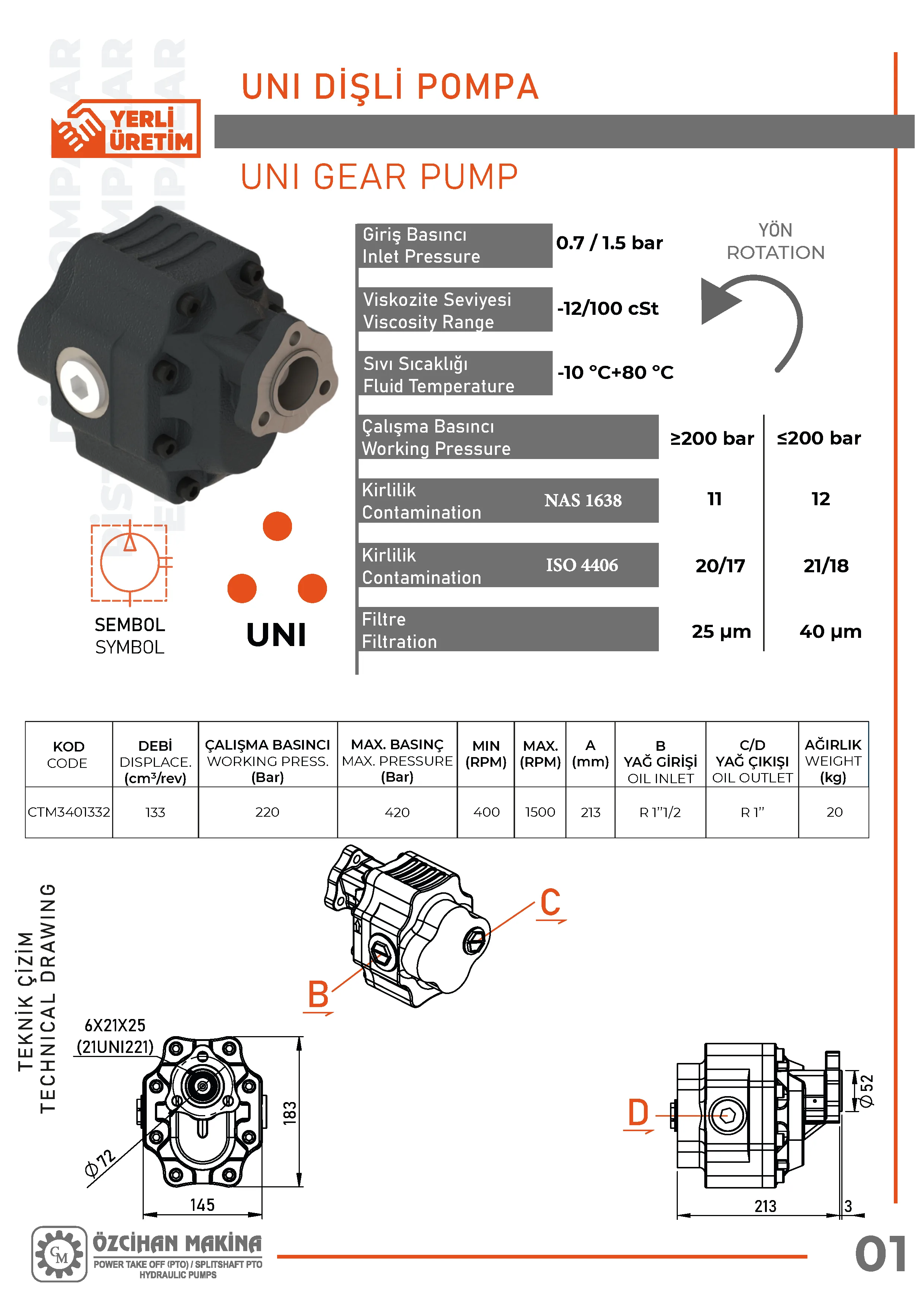 CTM3401332 Döküm Gövde Dişli Pompa – 133 cm³/rev teknik çizimi — kesit, ölçü ve montaj şeması