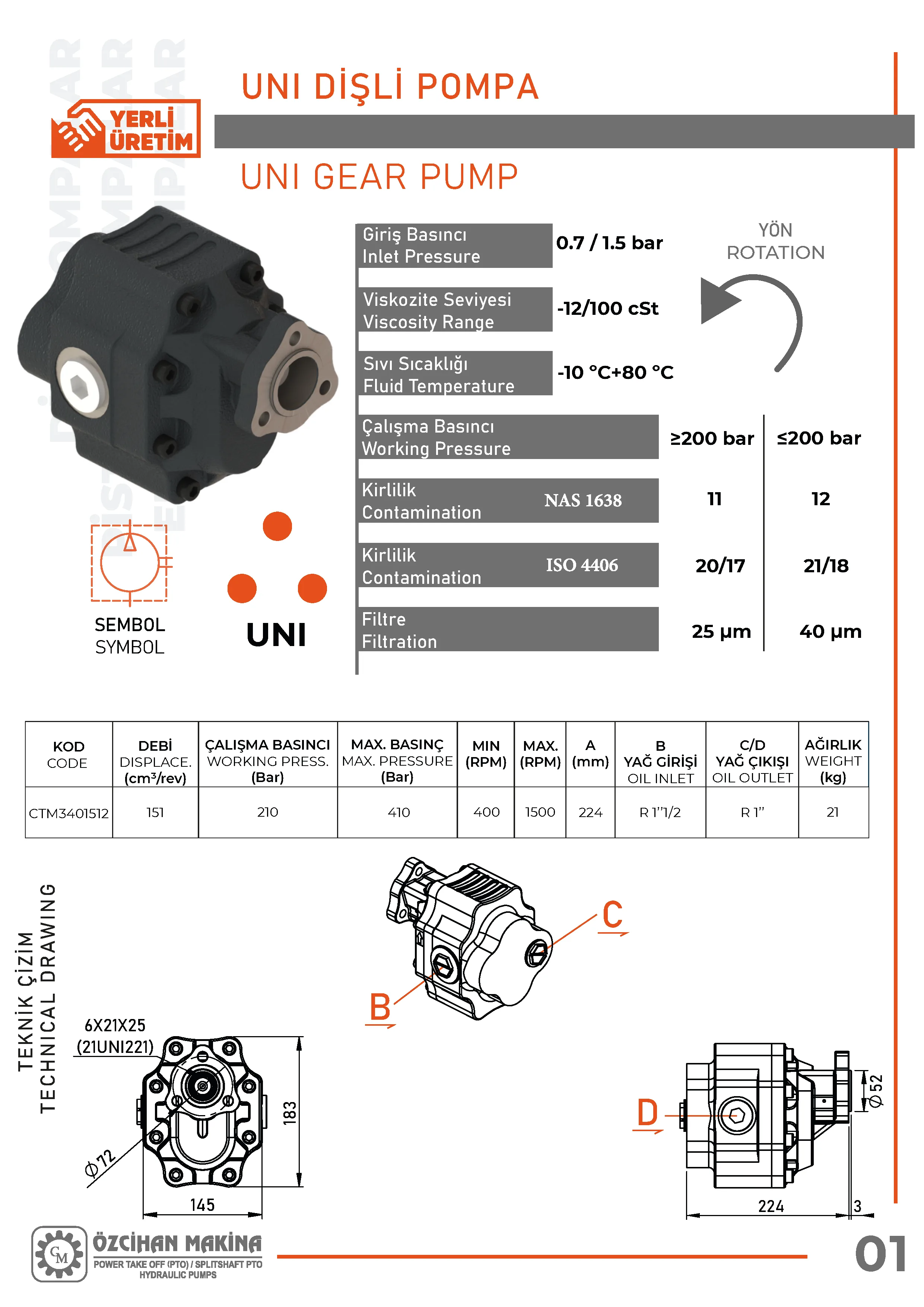 CTM3401512 Döküm Gövde Dişli Pompa – 151 cm³/rev teknik çizimi — kesit, ölçü ve montaj şeması