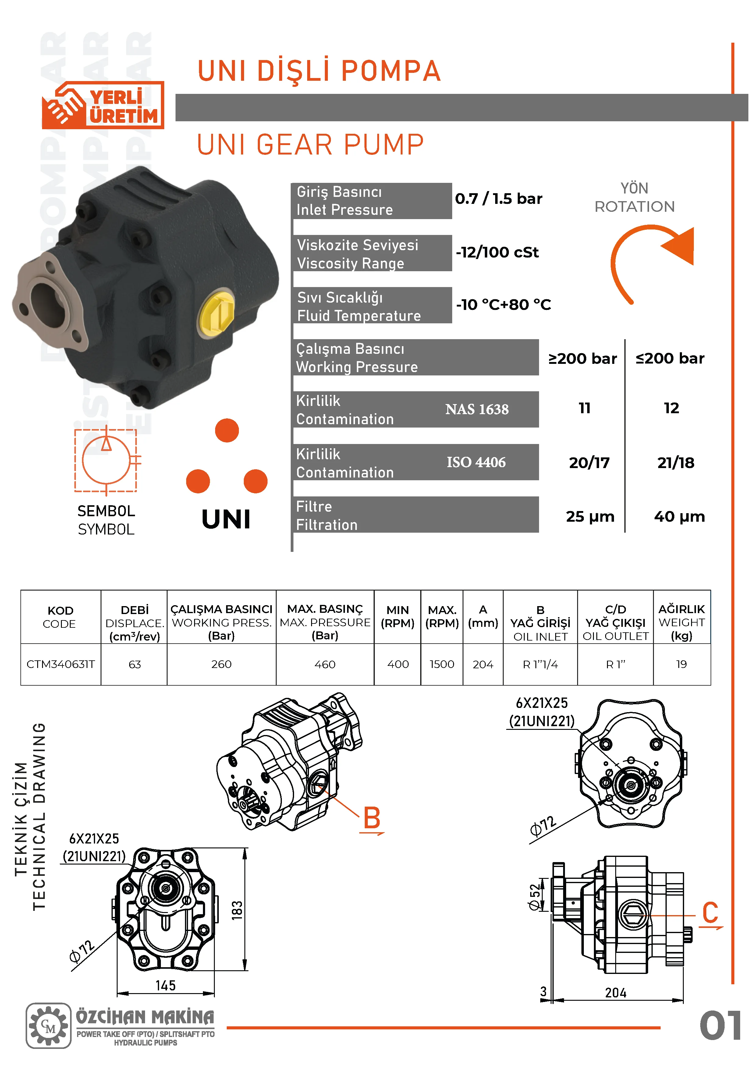 CTM340631T Döküm Gövde Dişli Pompa – 63 cm³/rev teknik çizimi — kesit, ölçü ve montaj şeması
