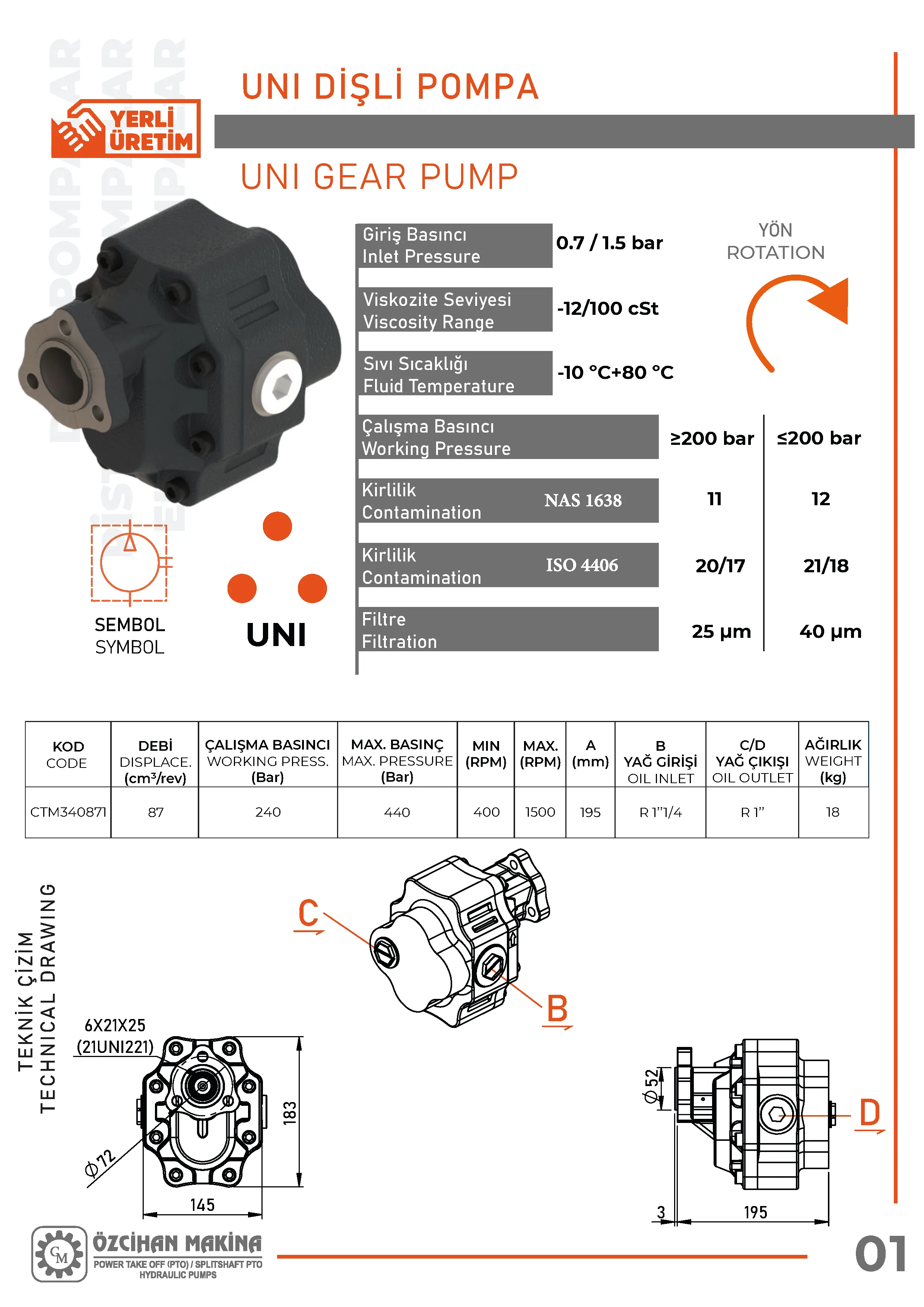 CTM340871 Döküm Gövde Dişli Pompa – 87 cm³/rev teknik çizimi — kesit, ölçü ve montaj şeması