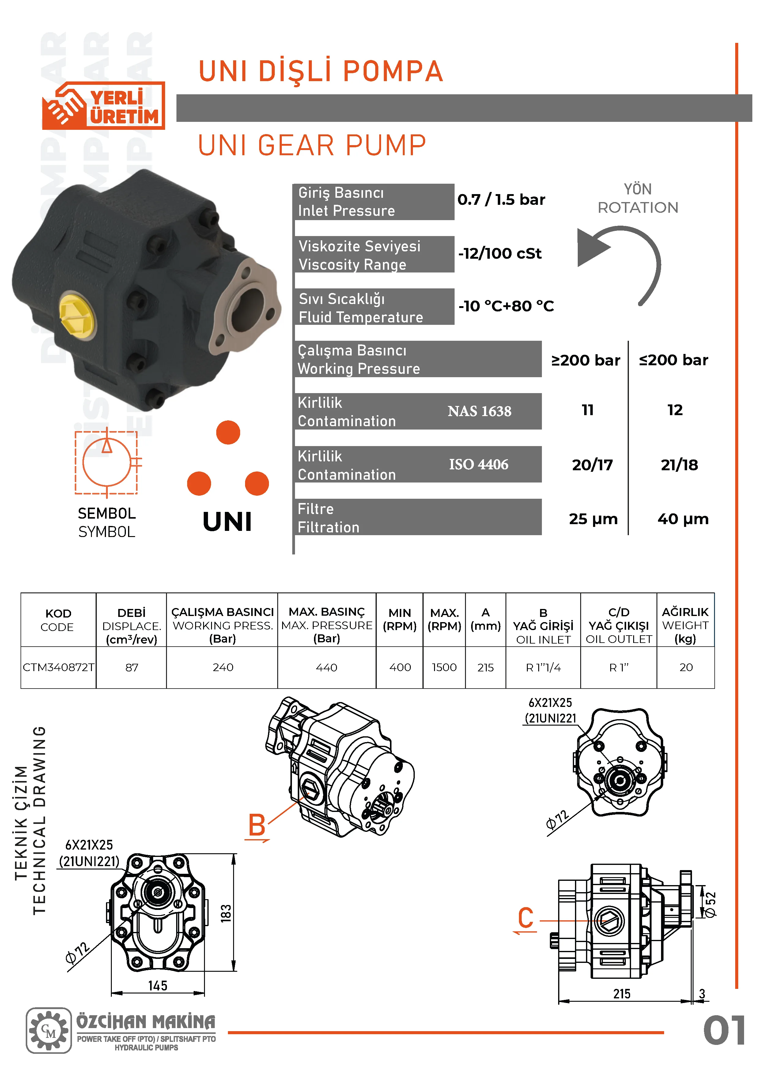 CTM340872T Döküm Gövde Dişli Pompa – 87 cm³/rev teknik çizimi — kesit, ölçü ve montaj şeması