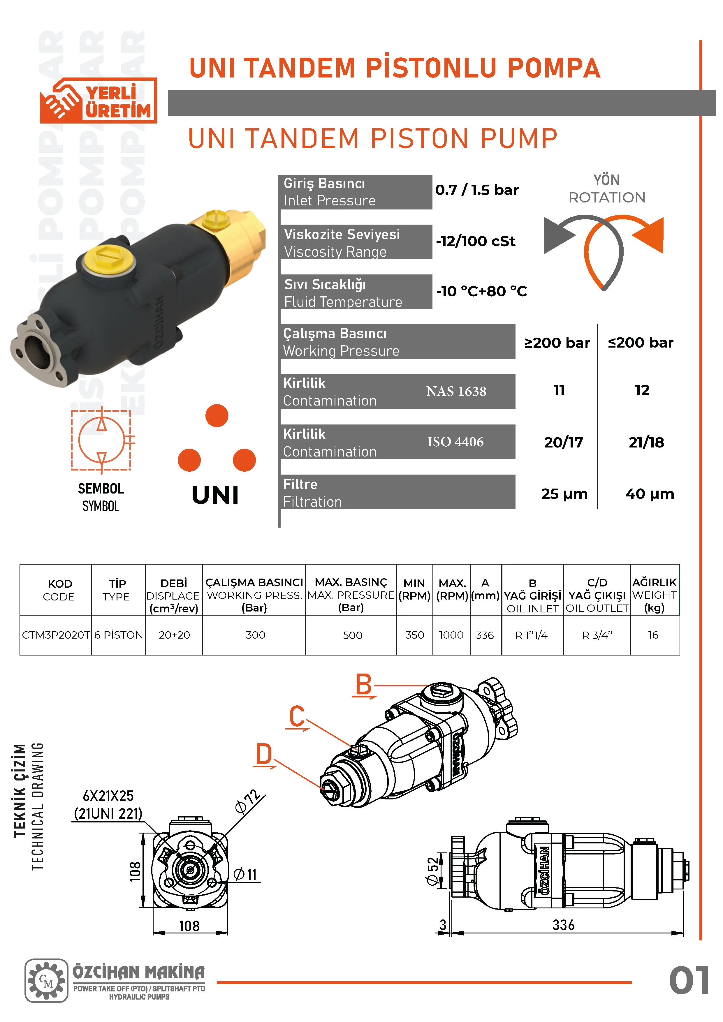CTM3P2020T Döküm Gövde Pistonlu Pompa – 6 Elemanlı, 20+20 cm³/rev teknik çizimi — kesit, ölçü ve montaj şeması