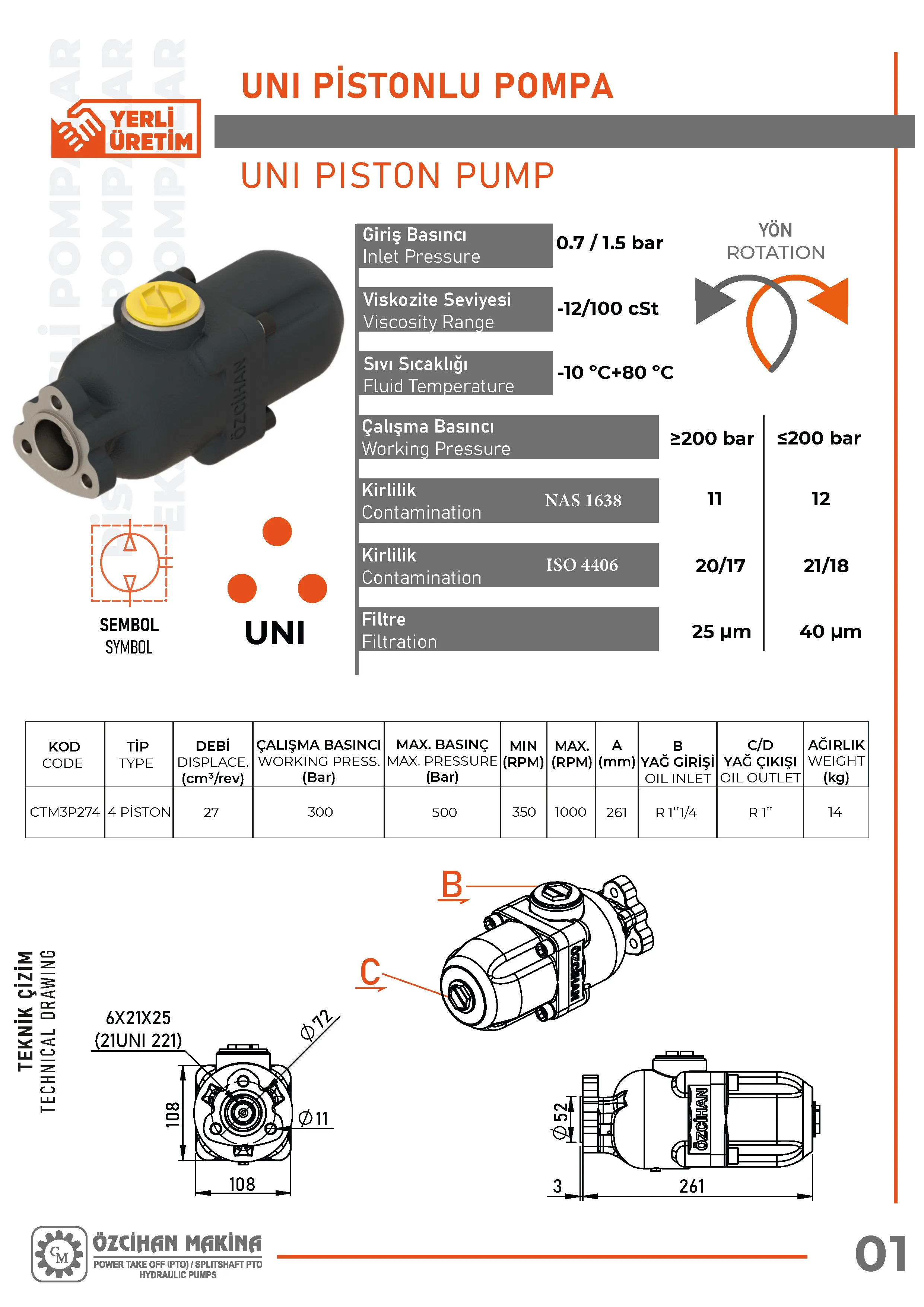 CTM3P274 Döküm Gövde Pistonlu Pompa – 4 Elemanlı, 27 cm³/rev teknik çizimi — kesit, ölçü ve montaj şeması