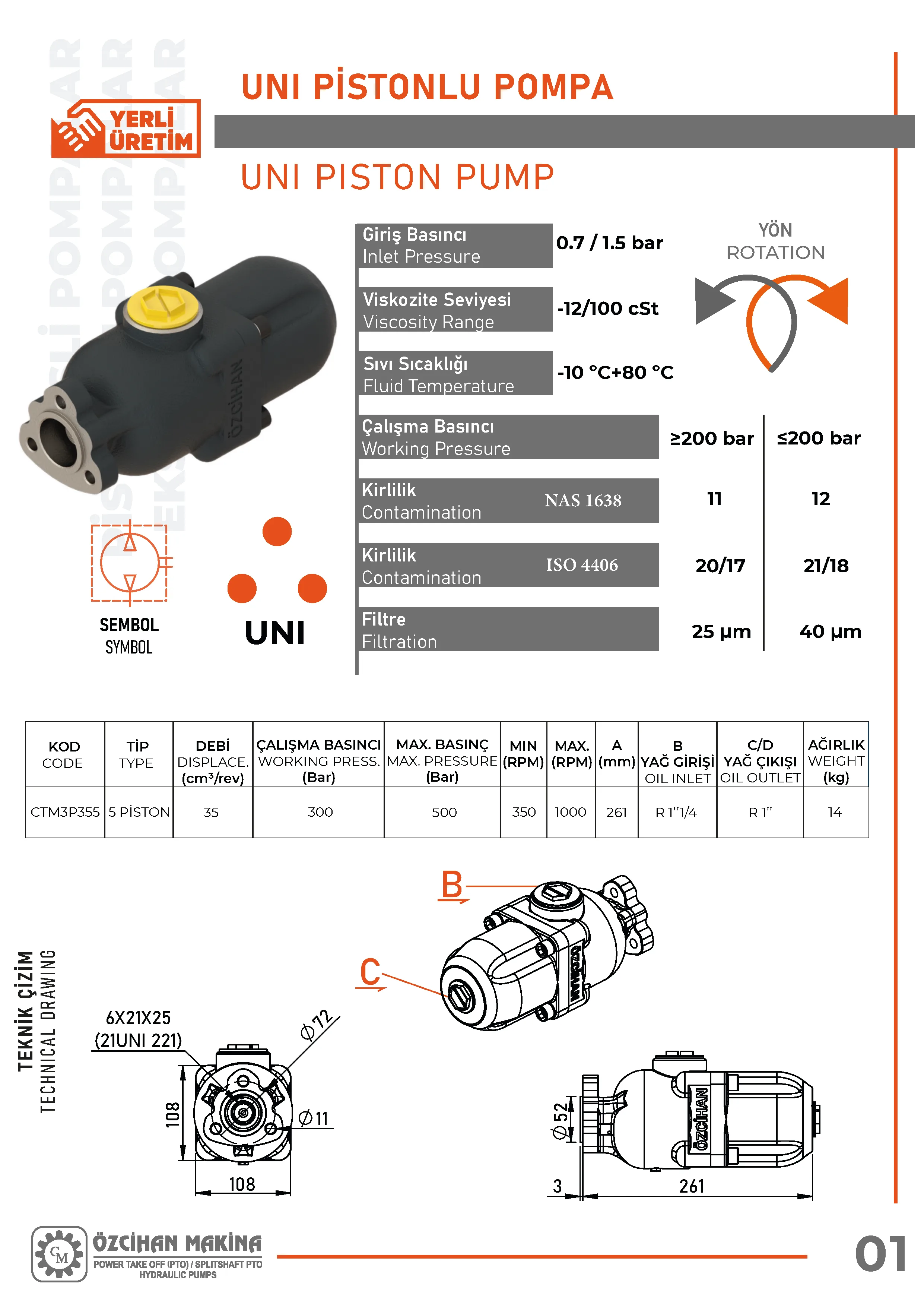 CTM3P355 Döküm Gövde Pistonlu Pompa – 5 Elemanlı, 35 cm³/rev teknik çizimi — kesit, ölçü ve montaj şeması