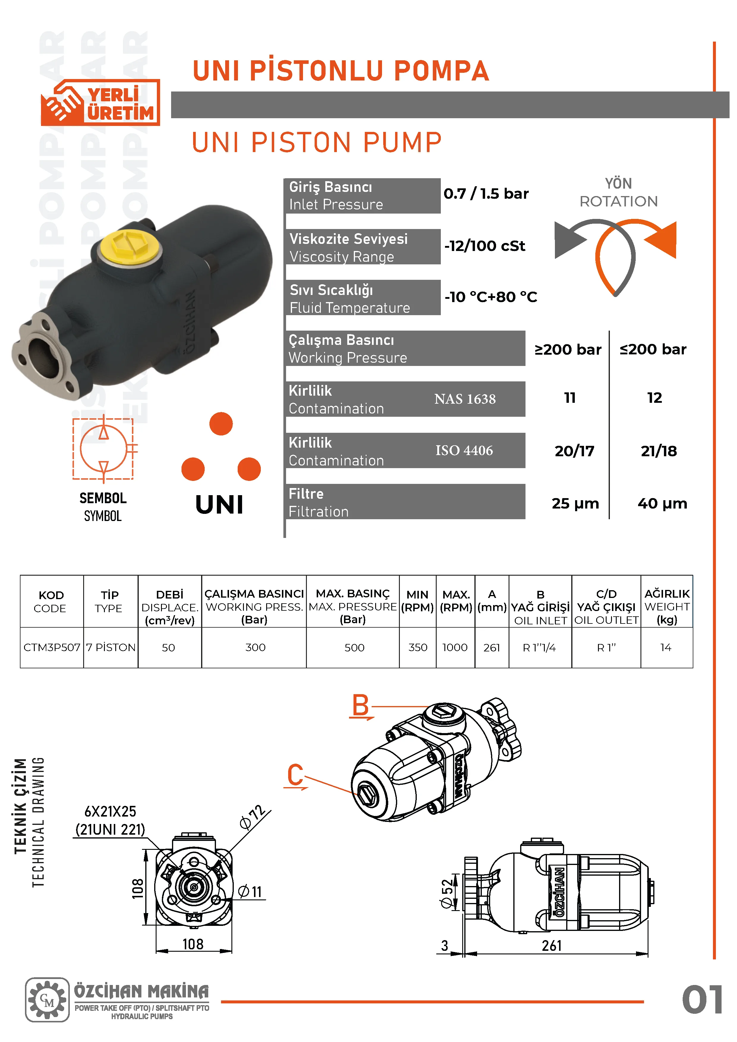 CTM3P507 Döküm Gövde Pistonlu Pompa – 7 Elemanlı, 50 cm³/rev teknik çizimi — kesit, ölçü ve montaj şeması