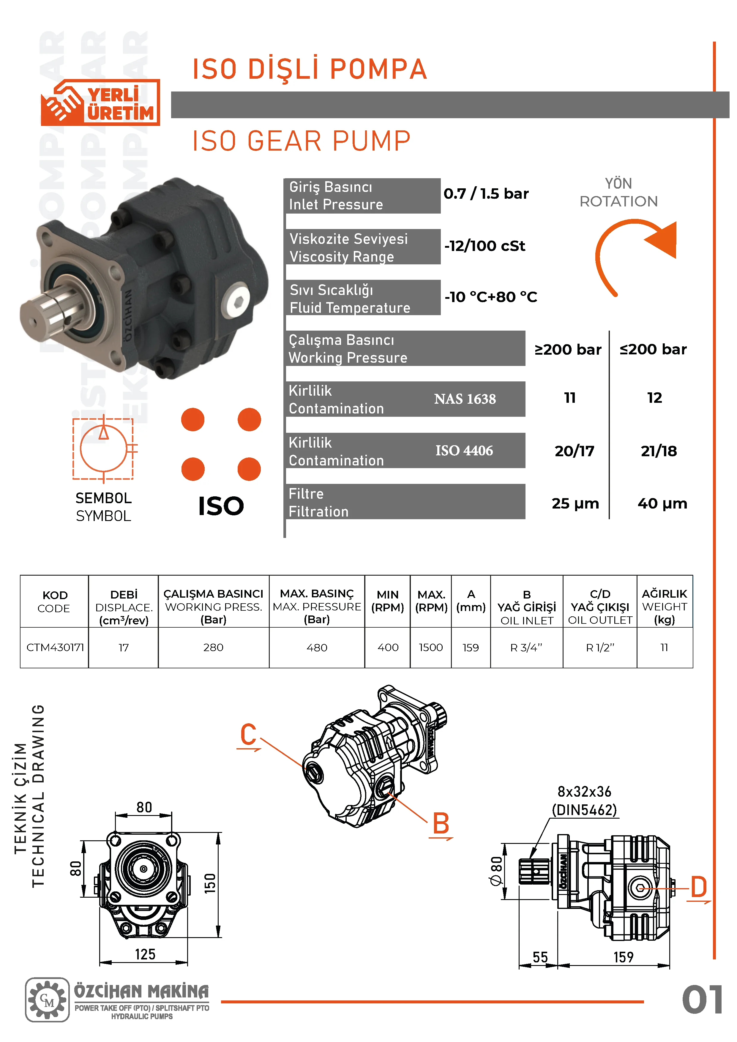 CTM430171 Döküm Gövde Dişli Pompa – 17 cm³/rev teknik çizimi — kesit, ölçü ve montaj şeması