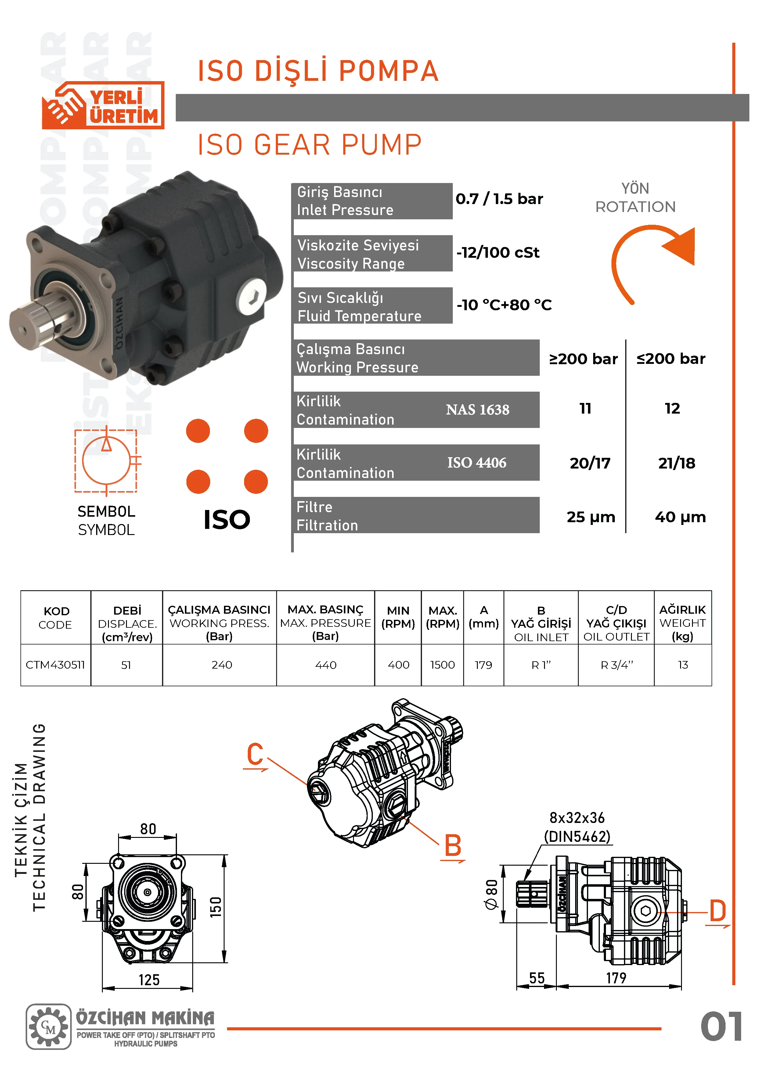 CTM430511 Döküm Gövde Dişli Pompa – 51 cm³/rev teknik çizimi — kesit, ölçü ve montaj şeması