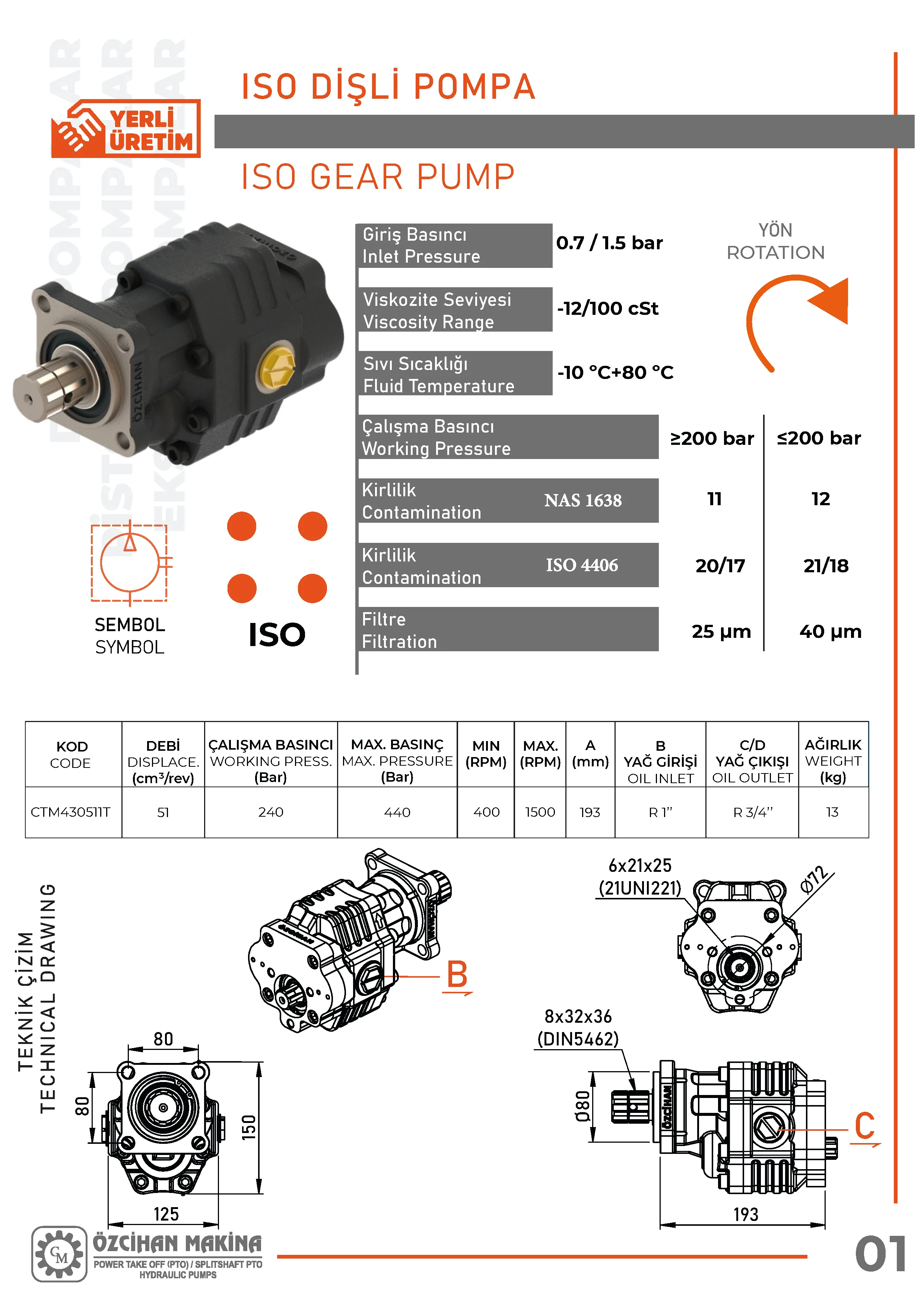 CTM430511T Döküm Gövde Dişli Pompa – 51 cm³/rev teknik çizimi — kesit, ölçü ve montaj şeması